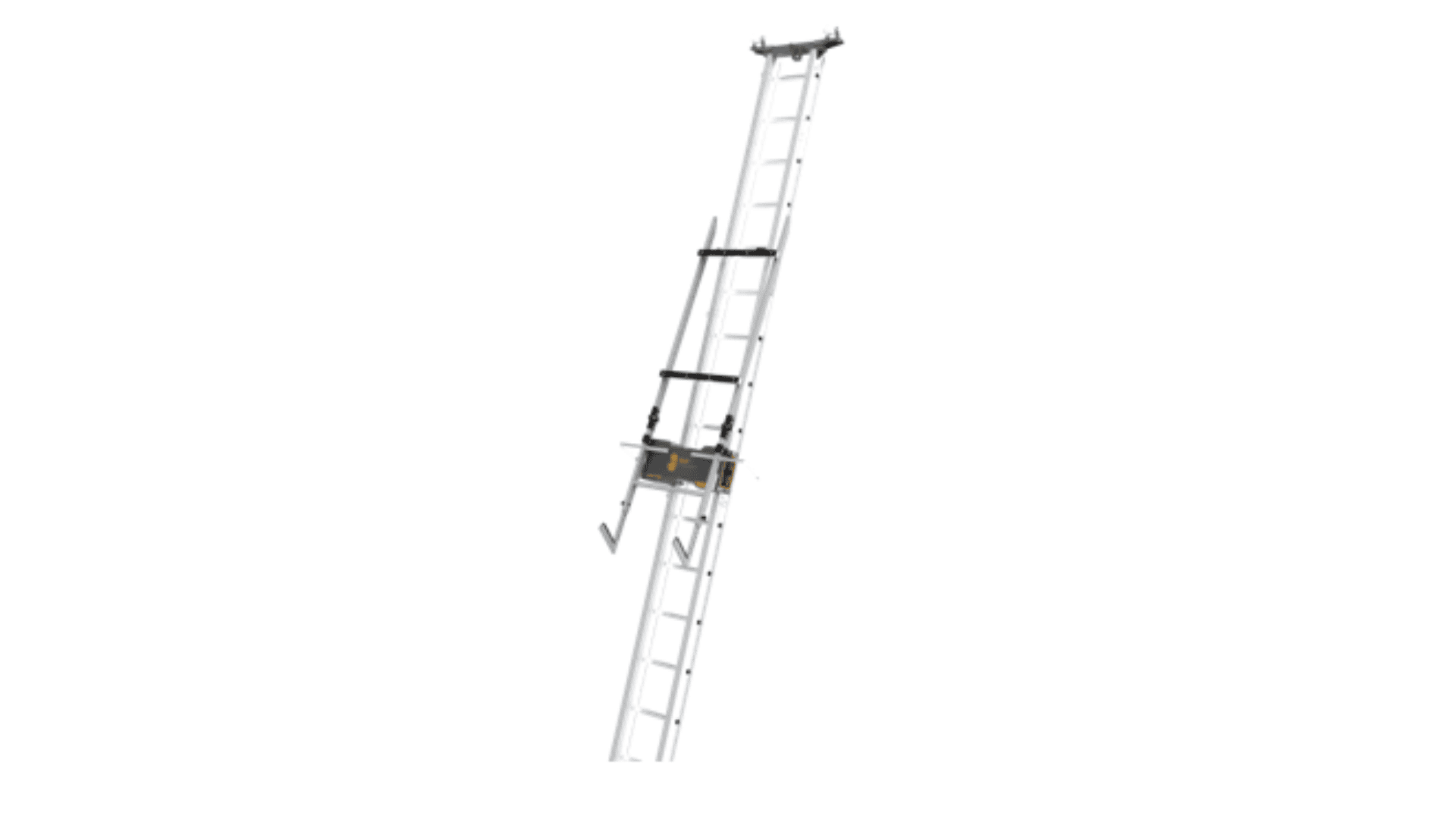 A tall, angled metal extension ladder with a black and yellow mechanical platform or lift attachment positioned partway up the ladder, on a plain white background.