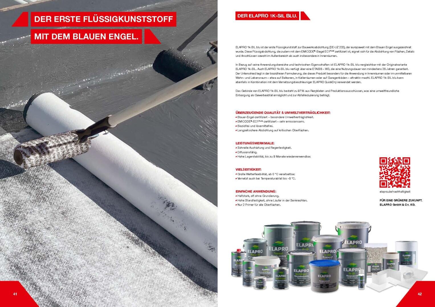 Ein Farbroller trägt eine weiße flüssige Beschichtung auf eine ebene Fläche auf. Unten rechts auf weißem Hintergrund sind verschiedene Dosen mit ELAPRO-Dichtstoffprodukten abgebildet, daneben ein beschreibender Text und ein roter QR-Code.