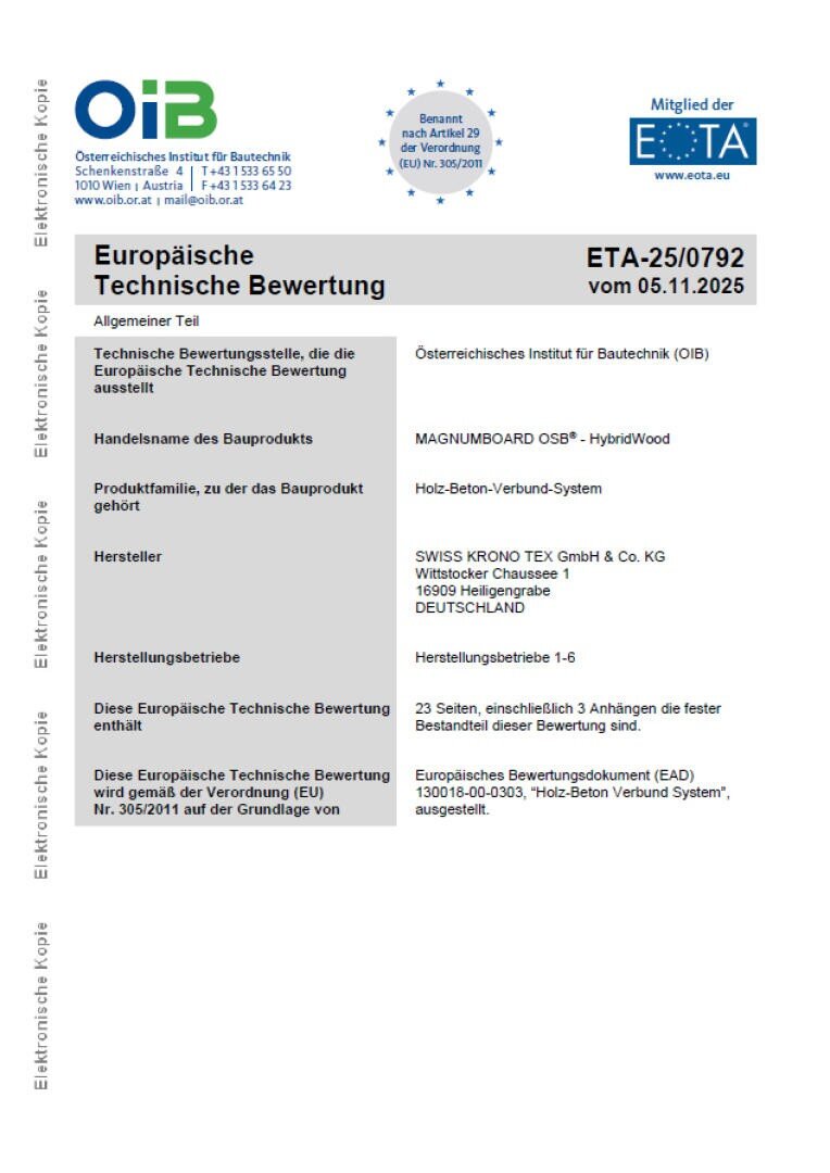 Ein Dokument mit dem Titel "Europäische Technische Bewertung ETA-25/0792 vom 05.11.2025" mit technischen Details über ein Produkt namens MAGNUMBOARD OSB®. Es enthält Logos, Adressen und tabellarische Informationen in deutscher Sprache.