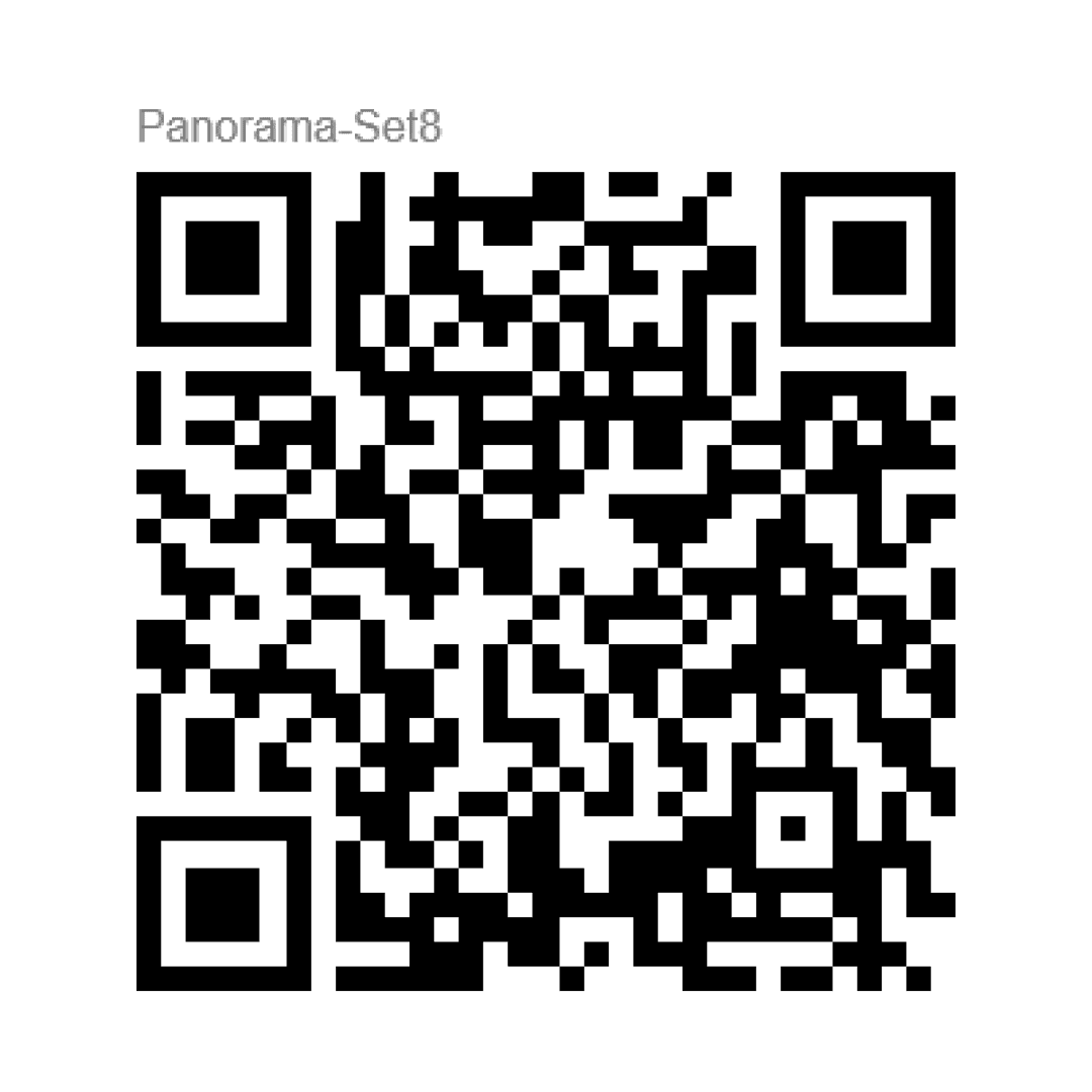 Darüber befindet sich ein schwarz-weißer QR-Code mit der Aufschrift „Panorama-Set8“ in grauer Schrift auf weißem Hintergrund.