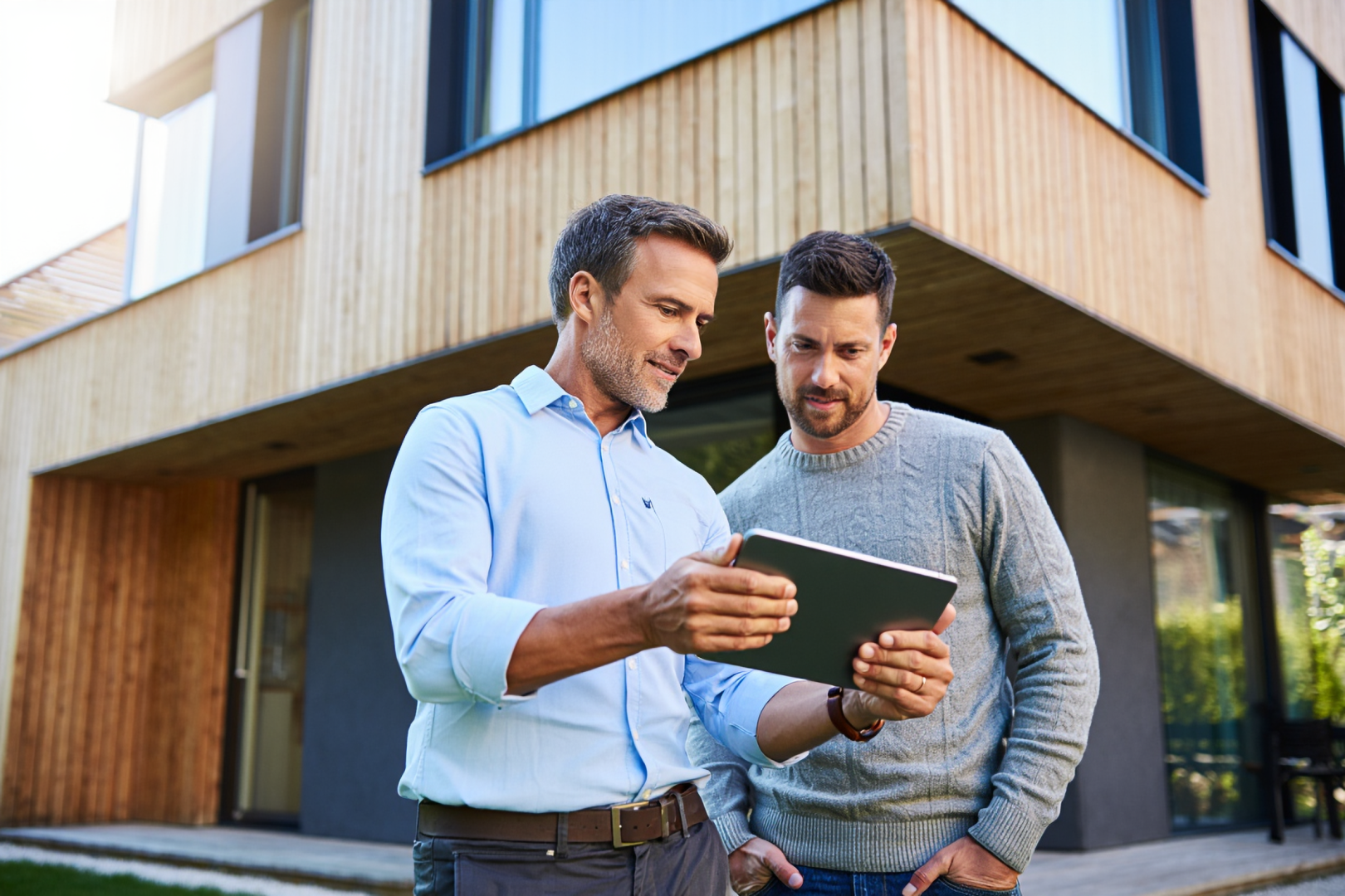 Zwei Männer stehen vor einem modernen Holzgebäude und schauen gemeinsam auf eine Tafel. Einer trägt ein hellblaues Hemd und der andere einen grauen Pullover. Sie scheinen beschäftigt und auf den Bildschirm des Tablets konzentriert zu sein.
