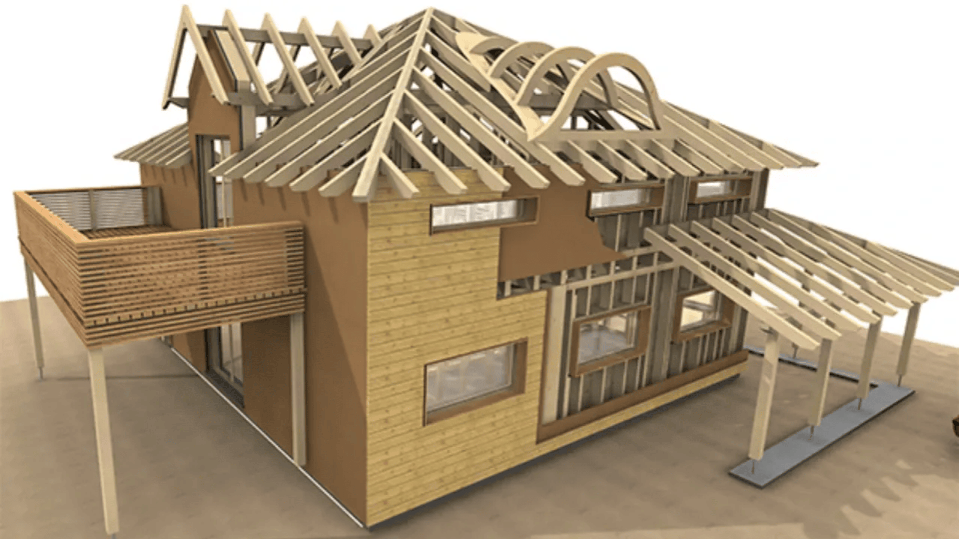 3D-Architekturdarstellung eines modernen zweistöckigen Hauses mit sichtbarem Holzrahmen, großen Fenstern, einem oberen Balkon und einem angeschlossenen überdachten Carport. Die Dachkonstruktion weist abwechslungsreiche geometrische Formen auf.
