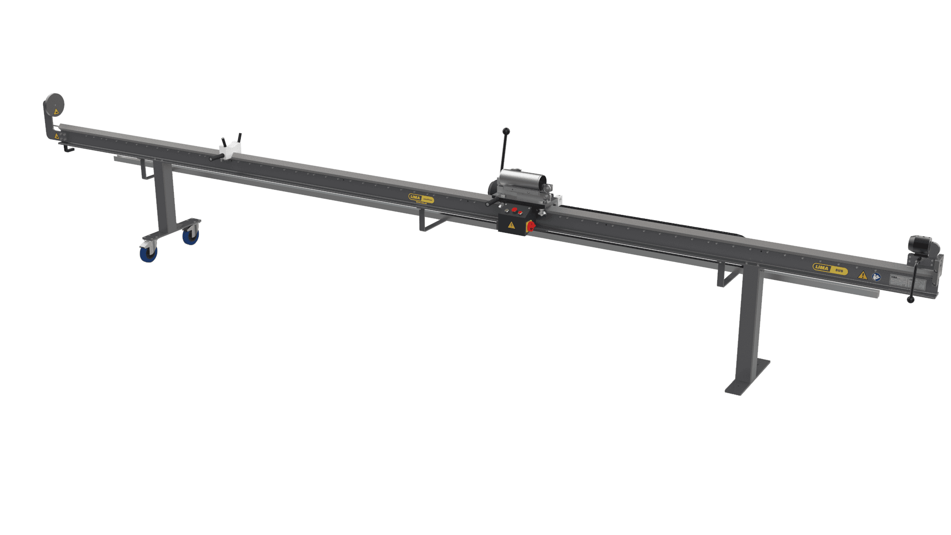 A long, industrial metal measuring device with digital display, support legs, wheels on one end, and various adjustment controls, isolated on a transparent background.