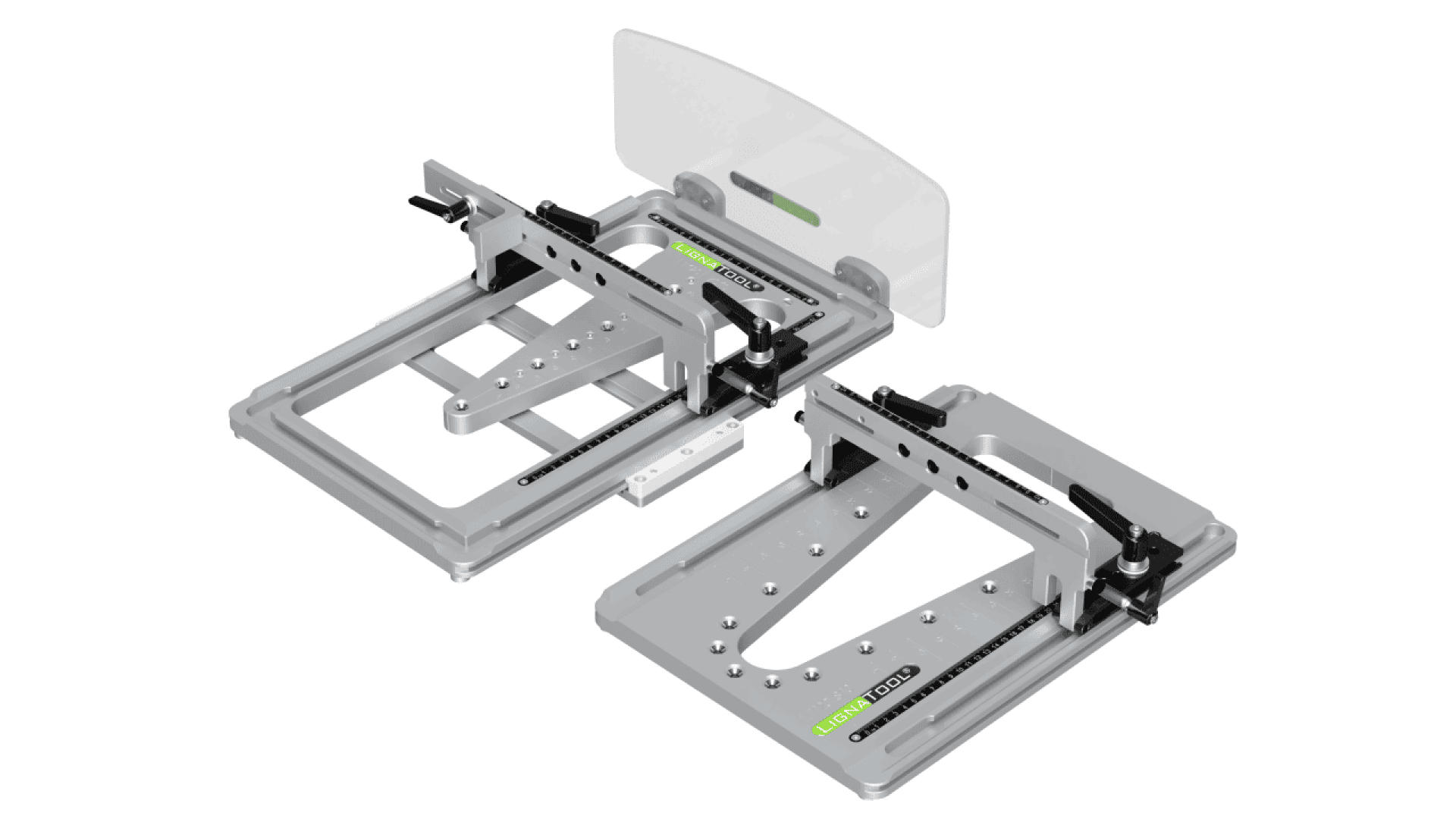 A metal jig fixture with adjustable clamps and a clear plastic guard, designed for precise positioning and securing of materials during machining or assembly processes.