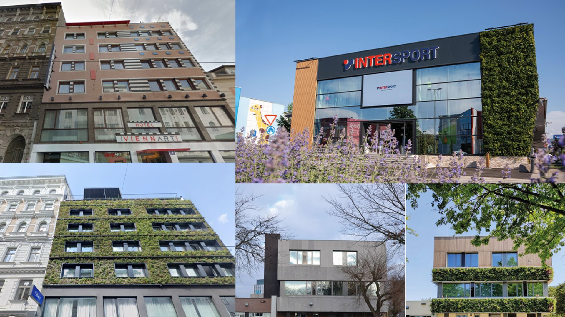 Eine Collage aus fünf modernen Gebäuden, einige mit vertikalen Grünflächen an den Fassaden. Eines davon trägt ein INTERSPORT-Schild, während andere Teile ihrer Außenwände mit Blattpflanzen bedecken. In der Nähe sind Bäume und Blumen zu sehen.