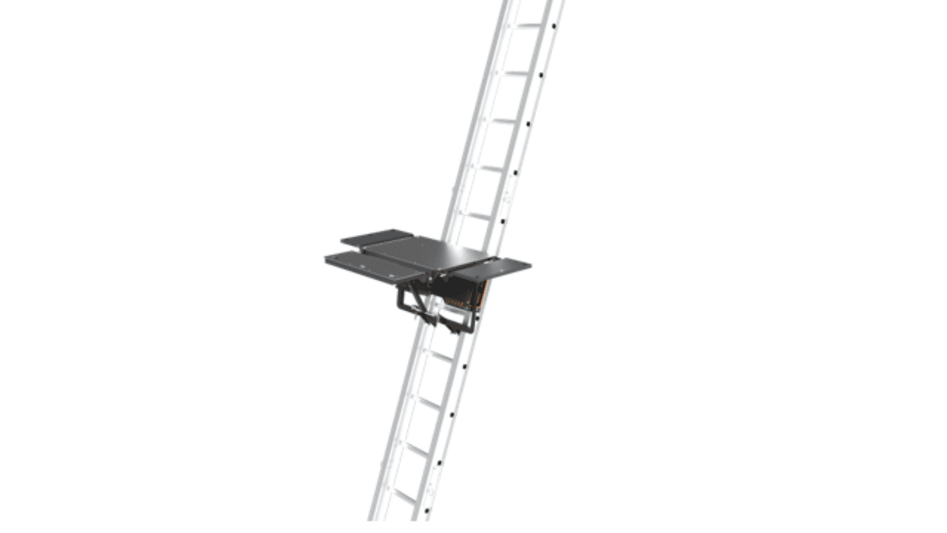 A motorized platform attached to a tall, angled ladder is shown moving upward, designed for lifting materials or tools for construction or maintenance work. The background is plain white.