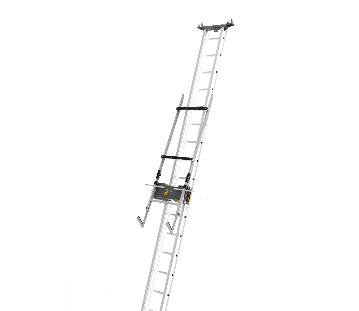 A metal ladder is leaning diagonally, with a mechanical lifting device attached to its rungs. The background is transparent.