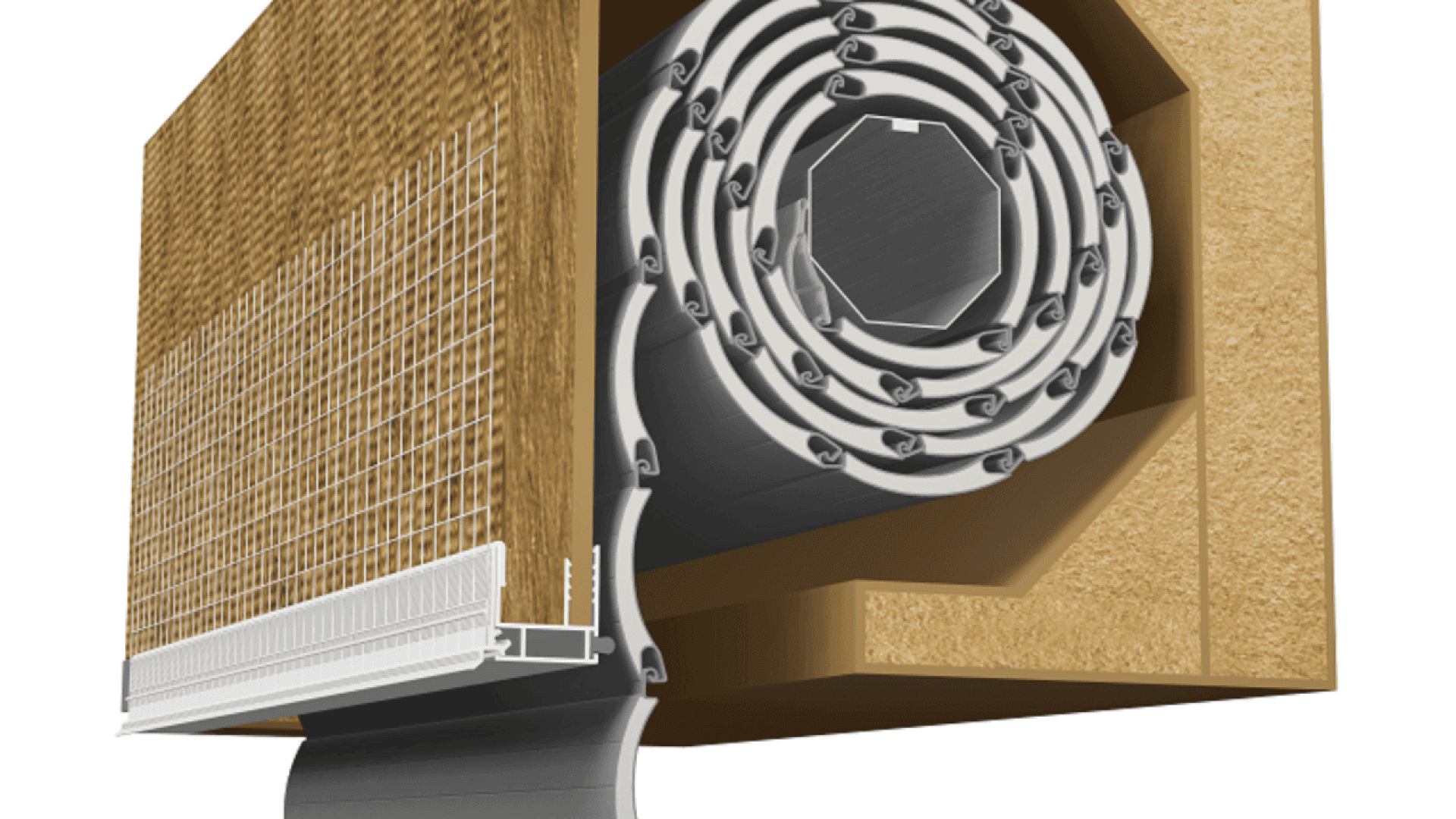 A cross-section diagram showing a rolled-up shutter inside a wall-mounted housing, with insulation materials and structural layers visible. The shutter is partially extended downward from the housing.