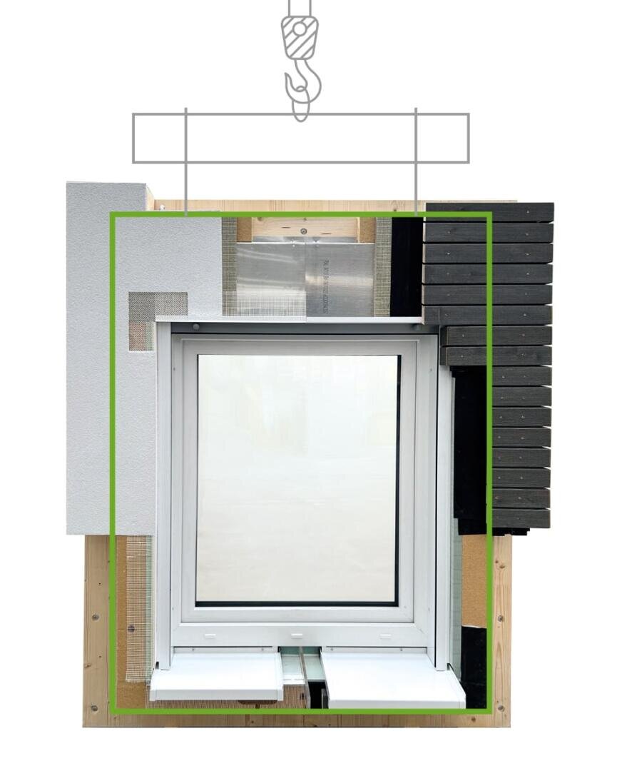 Ein Querschnitt einer modernen Wand mit einem Fenster, der die Schichten der Isolierung, des Holzes, der Verkleidung und der Innenverkleidung zeigt. Oben ist eine einfache Strichzeichnung zu sehen, die eine Hand zeigt, die eine Stange greift.