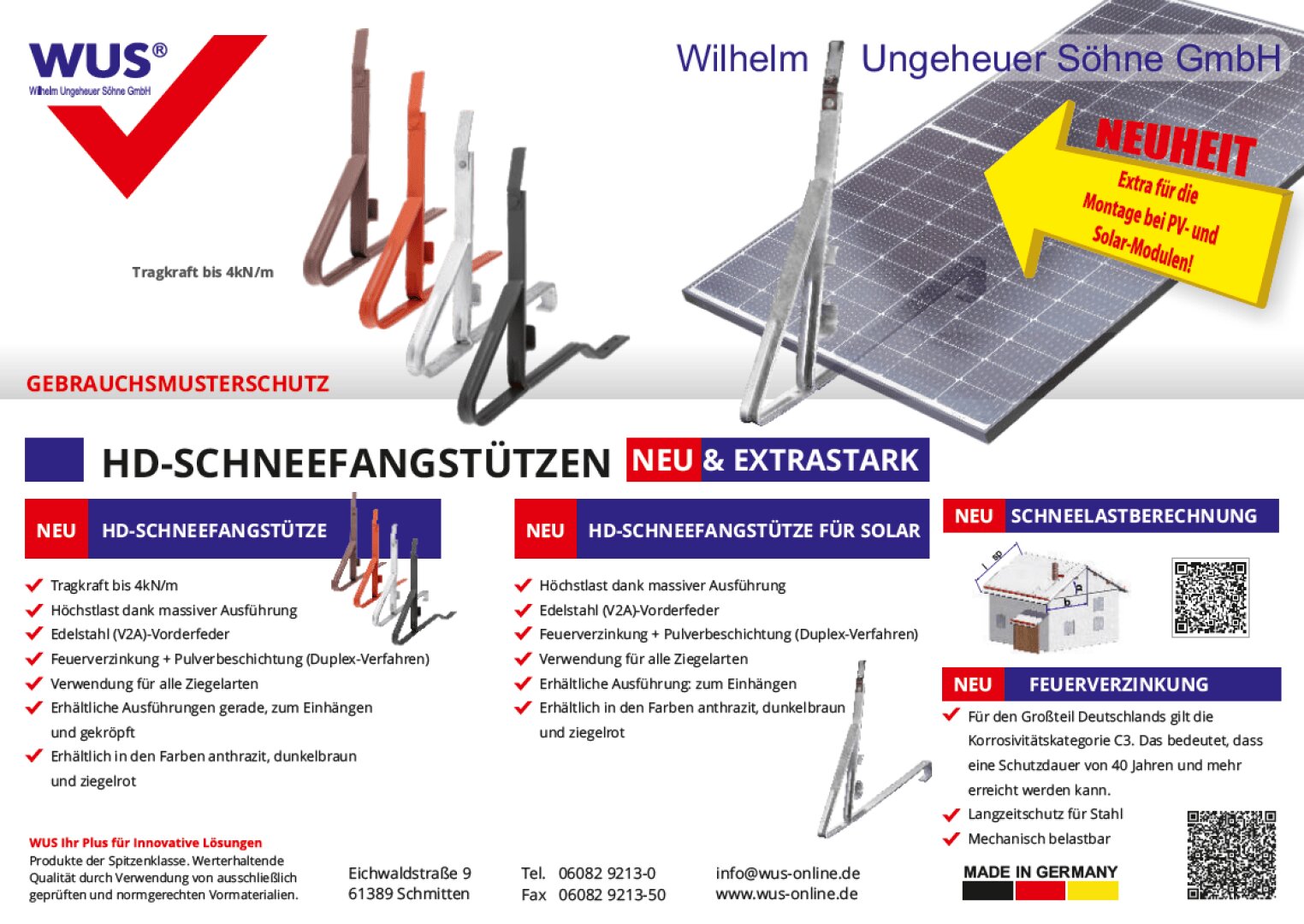 Werbung für WUS HD-Schneefanggitter. Verschiedene Metall-Schneefanggitter in Rot, Silber und anderen Ausführungen werden gezeigt. Der Text hebt Merkmale wie hohe Haltbarkeit, Solarpanel-Eignung und deutsche Fertigung hervor.