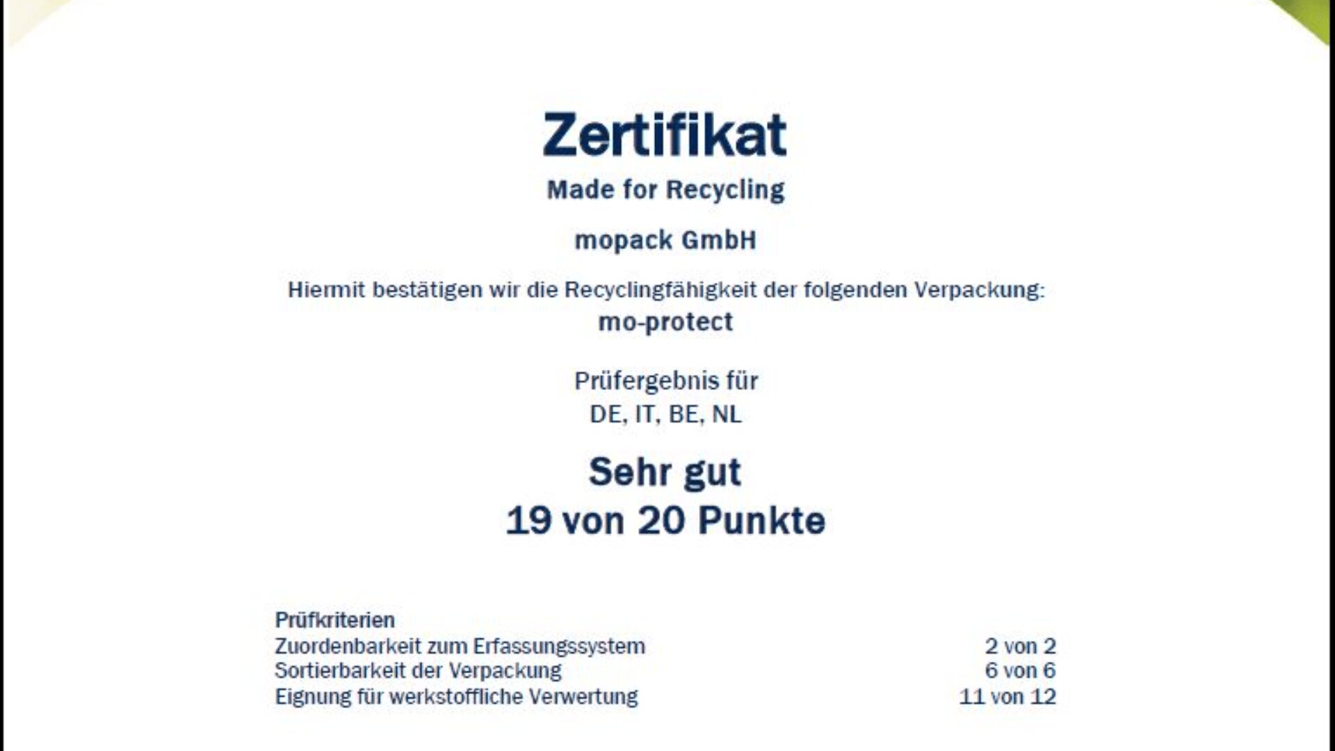 A German certificate titled Zertifikat Made for Recycling from mopack GmbH, confirming the recyclability of mo-protect packaging, rated Sehr gut with 19 out of 20 points, and specific scores for different criteria.