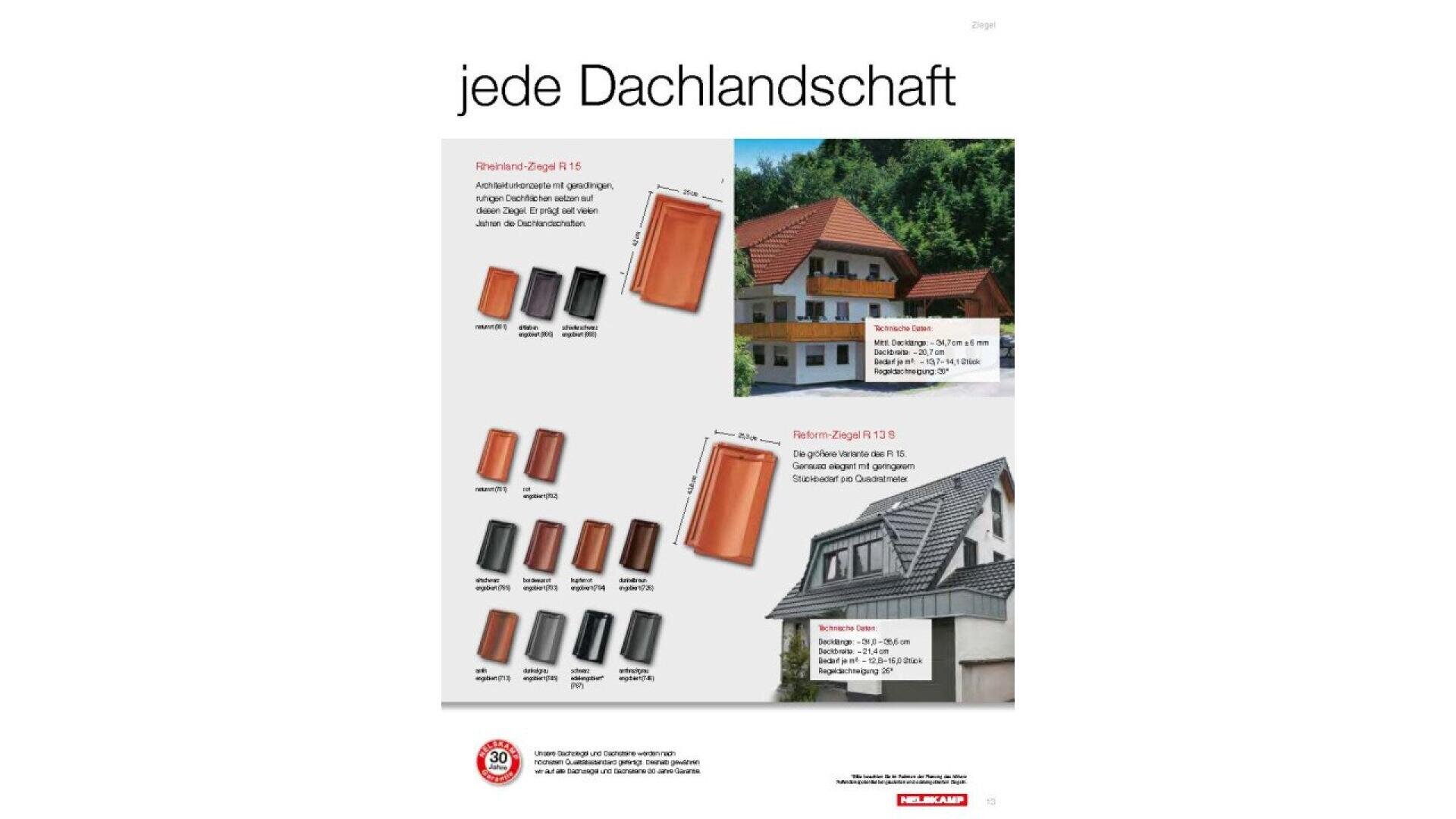 A product catalog page in German showing different models and colors of roof tiles alongside photos of two houses with tiled roofs, titled jede Dachlandschaft.