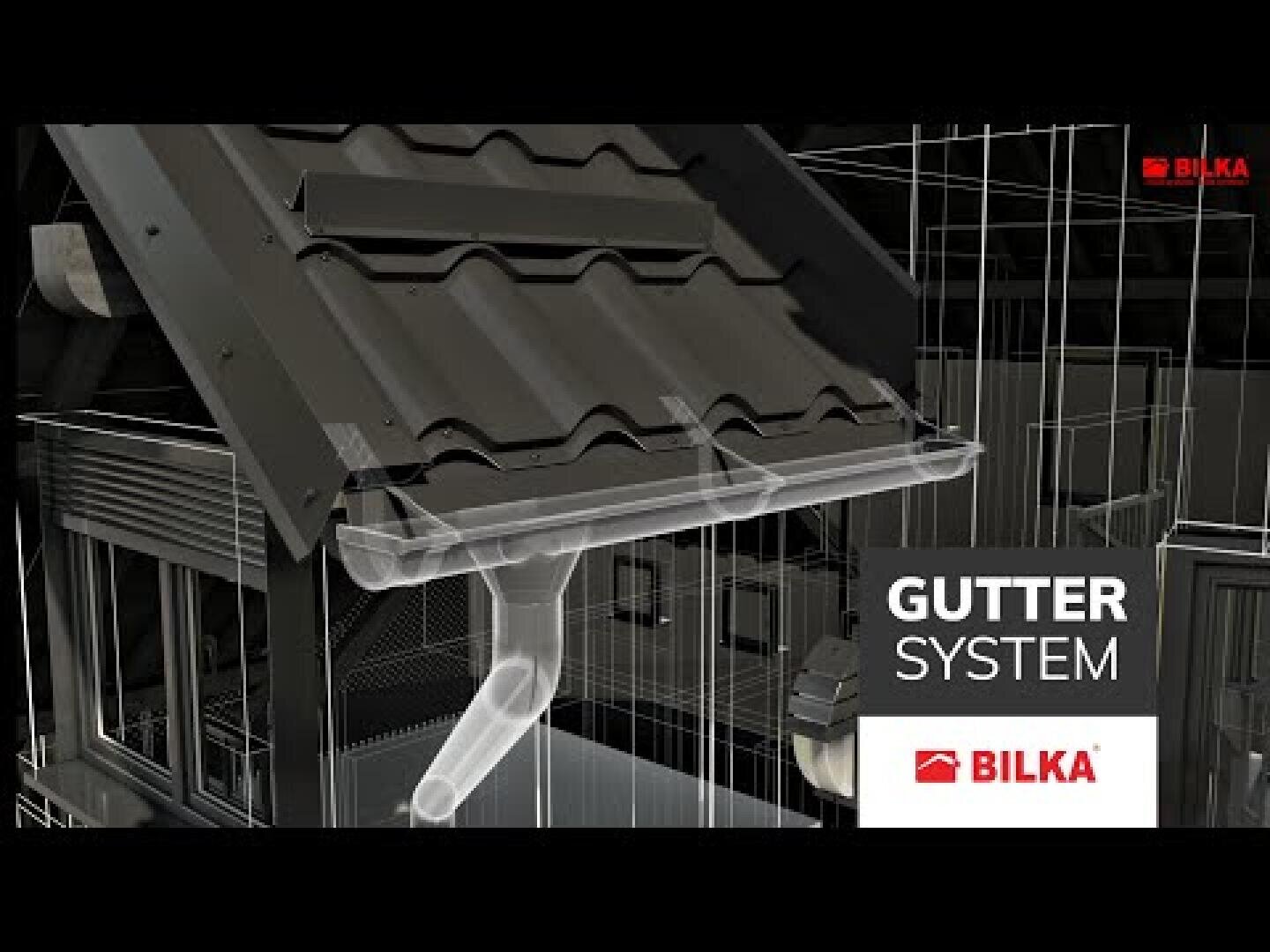 Illustrierte Darstellung eines Hausdachs mit einem Dachrinnensystem, mit dem Text GUTTER SYSTEM und dem Bilka-Logo in der unteren rechten Ecke.
