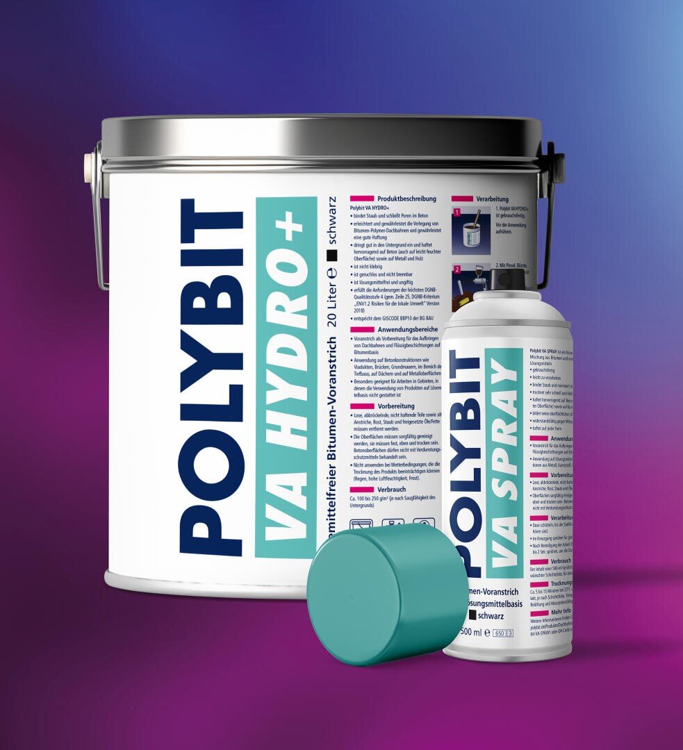 A large white paint bucket with the inscription POLYBIT VA HYDRO+ stands next to a matching spray can with the inscription POLYBIT VA SPRAY, both with blue-green lids, on a background with a purple-blue color gradient.