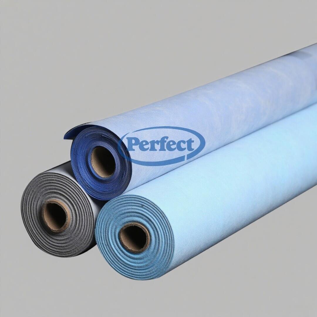 Three rolls of fabric in gray, blue, and light blue are placed side by side on a plain light gray background. The word Perfect is printed on the center roll.