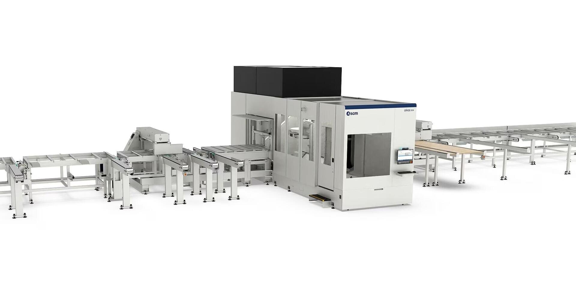 A large industrial CNC machine with a white exterior, black top, glass window and control panel, connected to a series of metal conveyor belts and platforms for automatic material handling.