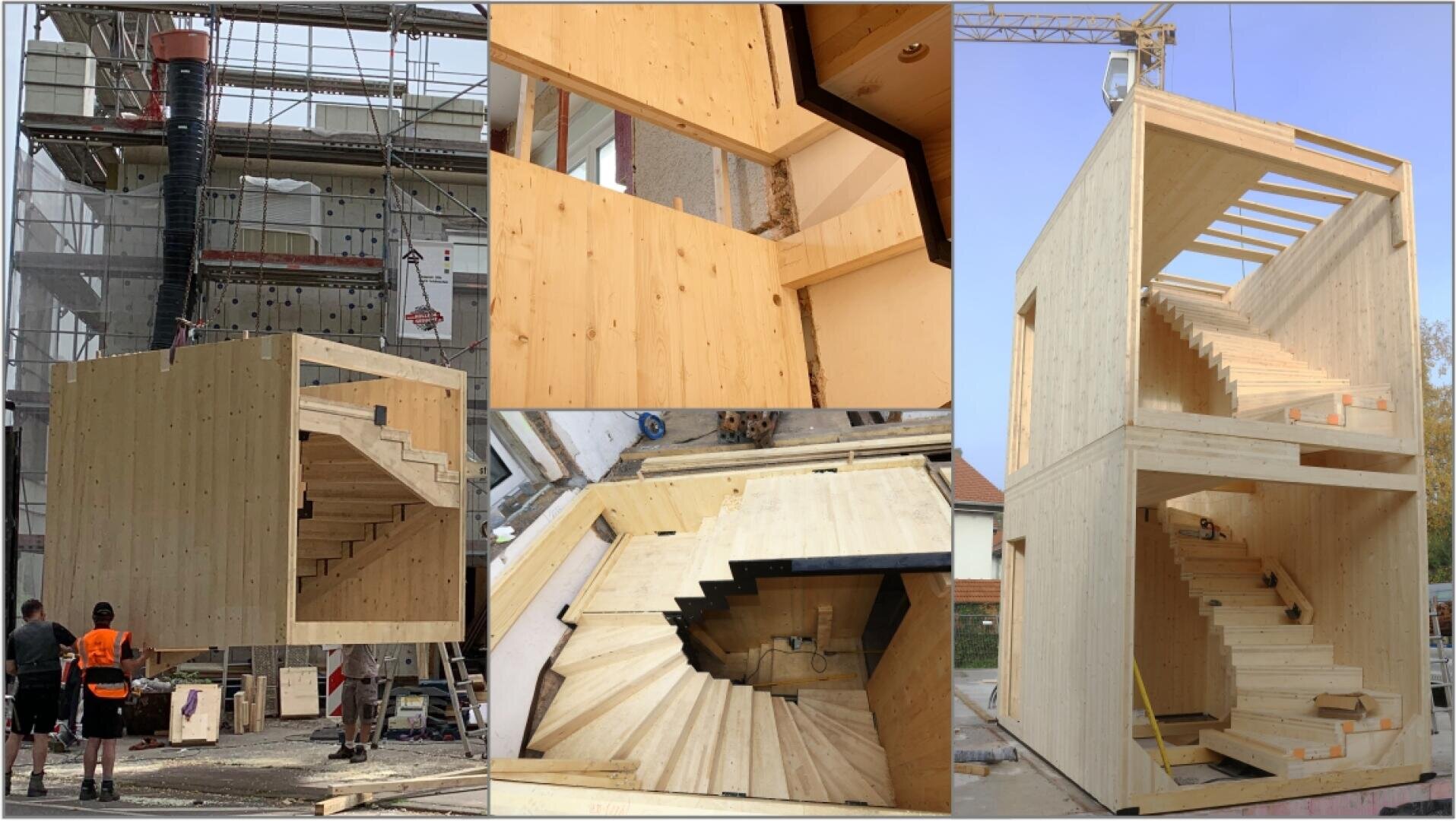 A collage shows a modular wooden staircase construction erected with a crane and viewed from different angles, emphasizing the wooden staircase and the open interior design. Construction workers and equipment can be seen.