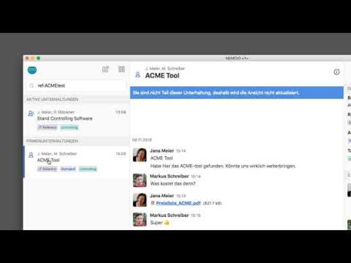 Screenshot eines Messaging- oder Kollaborationstools namens ACME Tool, das einen aktiven Chat mit mehreren Benutzern zeigt, die einen ACME-Test diskutieren. Die Schnittstelle zeigt Chat-Nachrichten, Benutzernamen und Navigationsmenüs an.