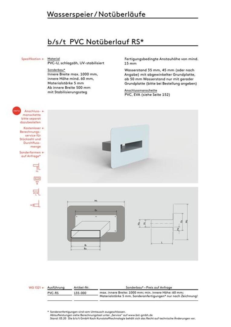 Produktblatt für einen Notüberlauf aus PVC (Notüberlauf RS), das einen rechteckigen grauen Auslauf an einer Wand, technische Daten, Abmessungen, eine Strichzeichnung mit Maßen und eine Montageanleitung in deutscher Sprache zeigt.