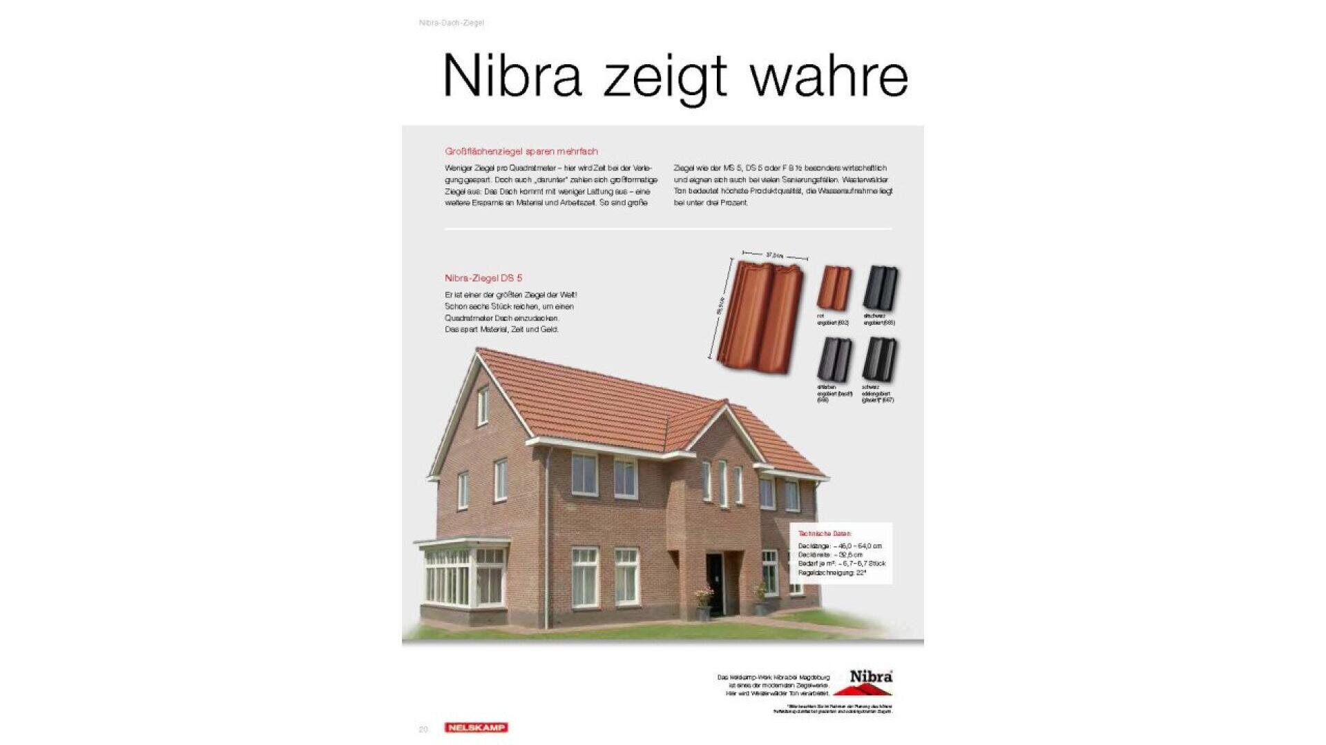 A German advertisement for Nibra roof tiles shows a two-story brick house with red roof tiles, product images of tiles in different colors, and German text describing the Nibra Ziegel DS 5 roof tile.