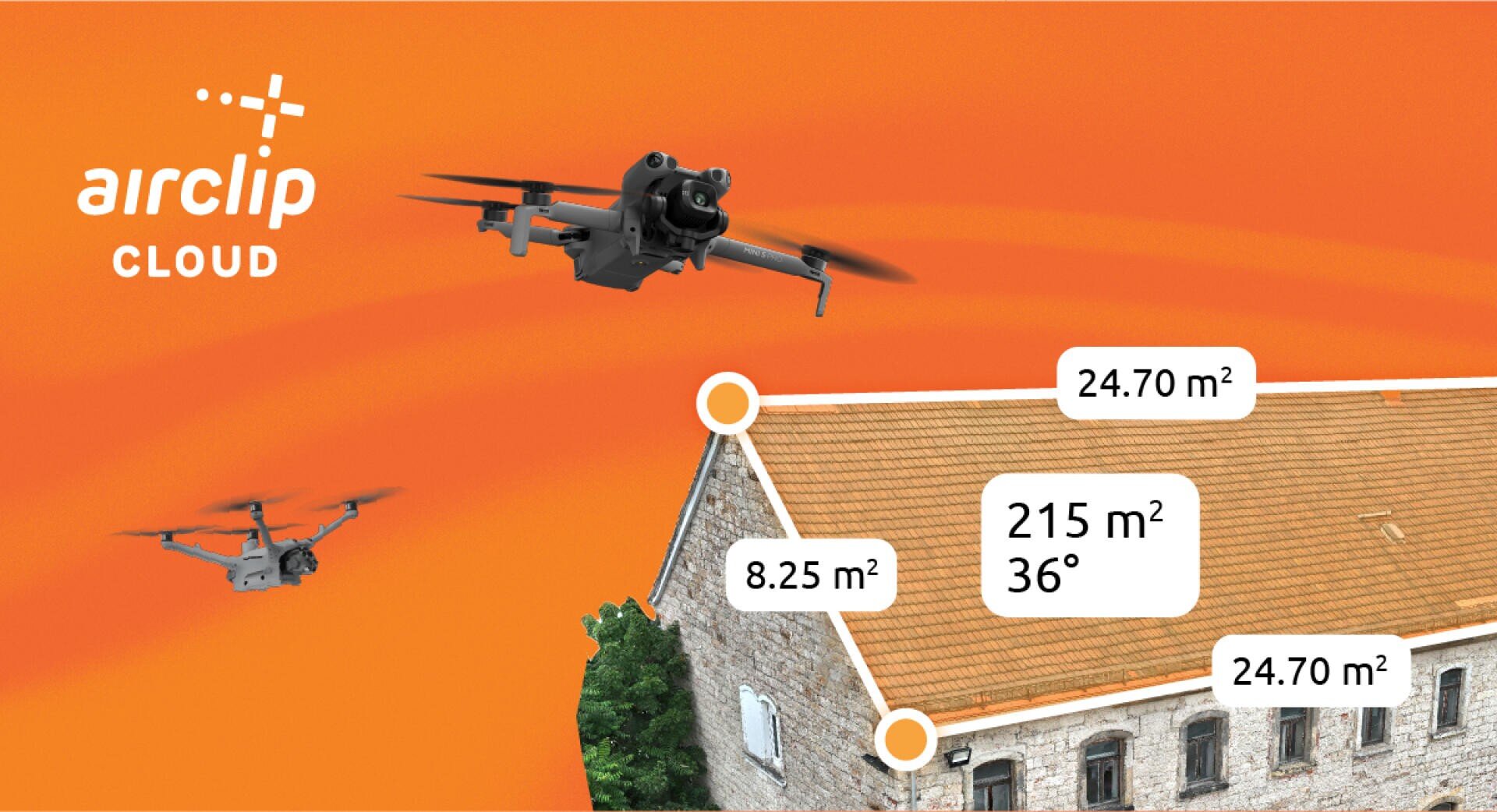Zwei Drohnen fliegen über ein Gebäude mit orangefarbenem Hintergrund. Weiße Schilder zeigen die Abmessungen des Daches an: 8,25 m², 24,70 m² und 215 m² bei 36°. Auf der linken Seite erscheint der Text airclip CLOUD.