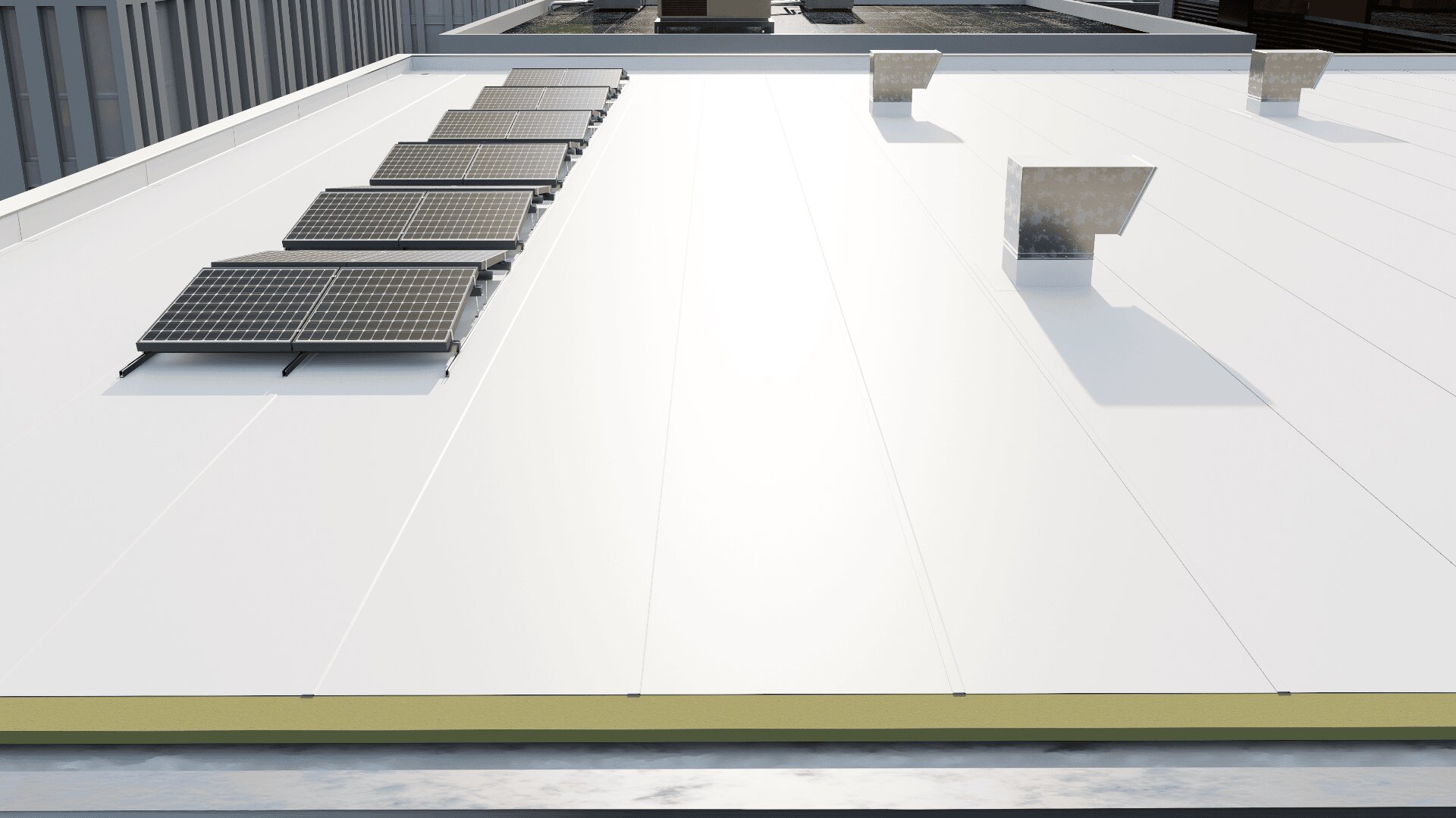 Ein weißes Flachdach mit mehreren Solarmodulen und zwei rechteckigen Metalllüftungsöffnungen. Das Dach wirkt schlicht und modern, im Hintergrund sind Gebäude zu sehen.