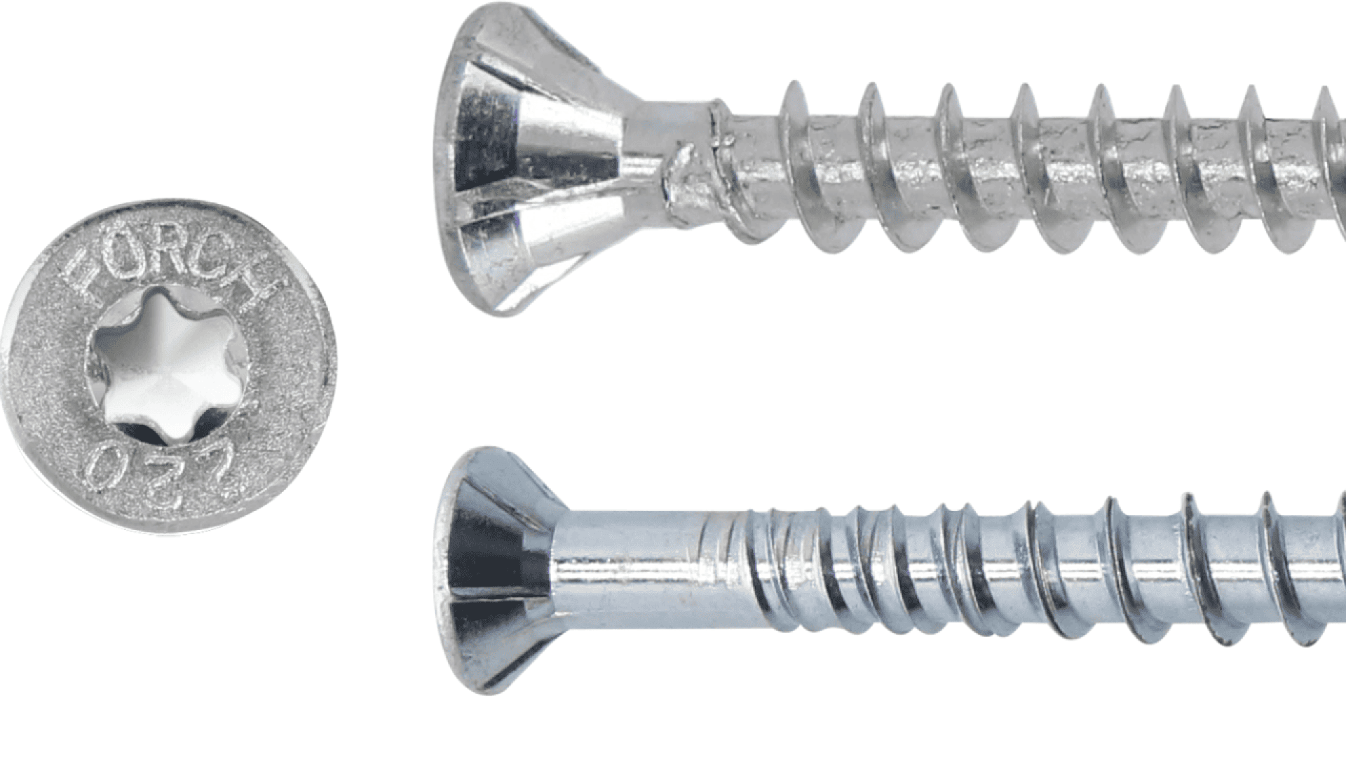 Close-up of two silver Torx screws showing the threaded bodies and flat countersunk heads, with one head facing up to display the six-pointed star-shaped Torx drive socket.