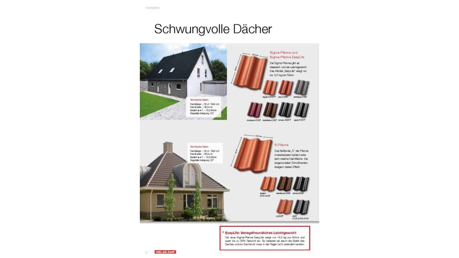 A German advertisement for roof tiles shows two houses with different tiled roofs and displays various tile models in multiple colors, labeled with their names and specifications. The title reads Schwungvolle Dächer.