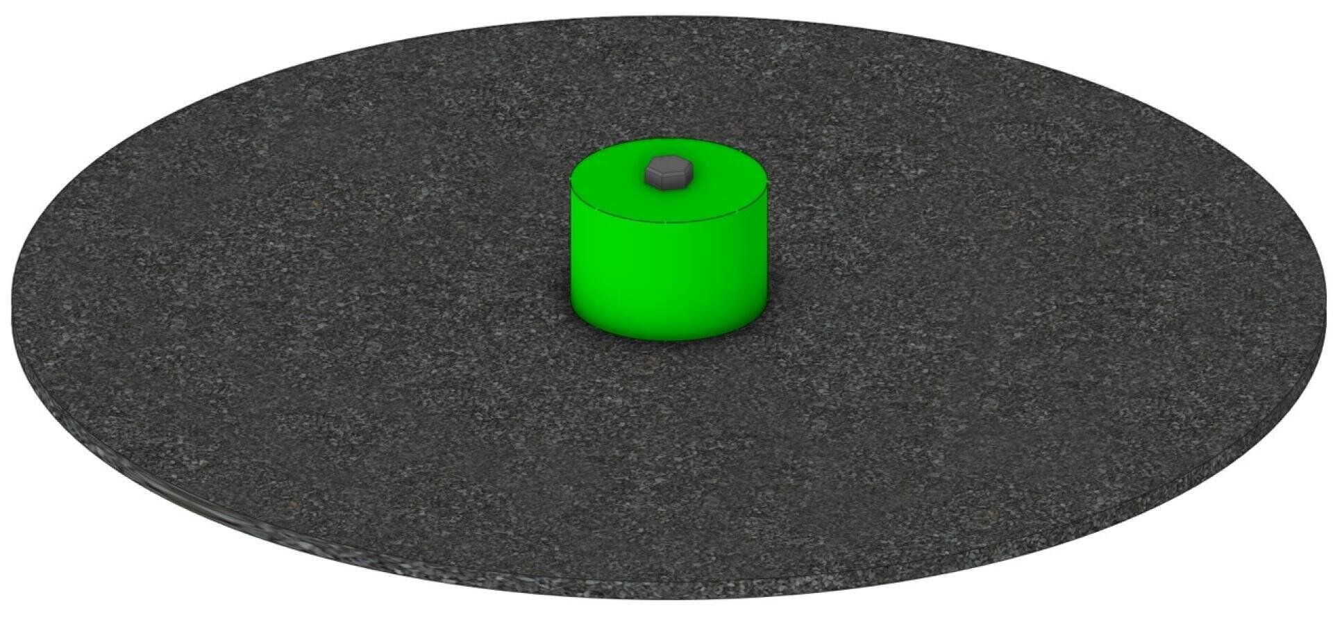 Eine runde, flache, dunkelgraue Scheibe mit strukturierter Oberfläche hat in der Mitte ein kurzes, zylindrisches grünes Objekt mit einem sechseckigen Bolzen oben drauf.