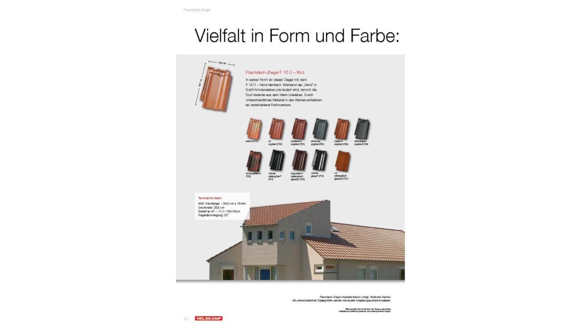Image showing different types and colors of roof tiles above a beige house with a red-tiled roof. The German text Vielfalt in Form und Farbe means Variety in shape and color.