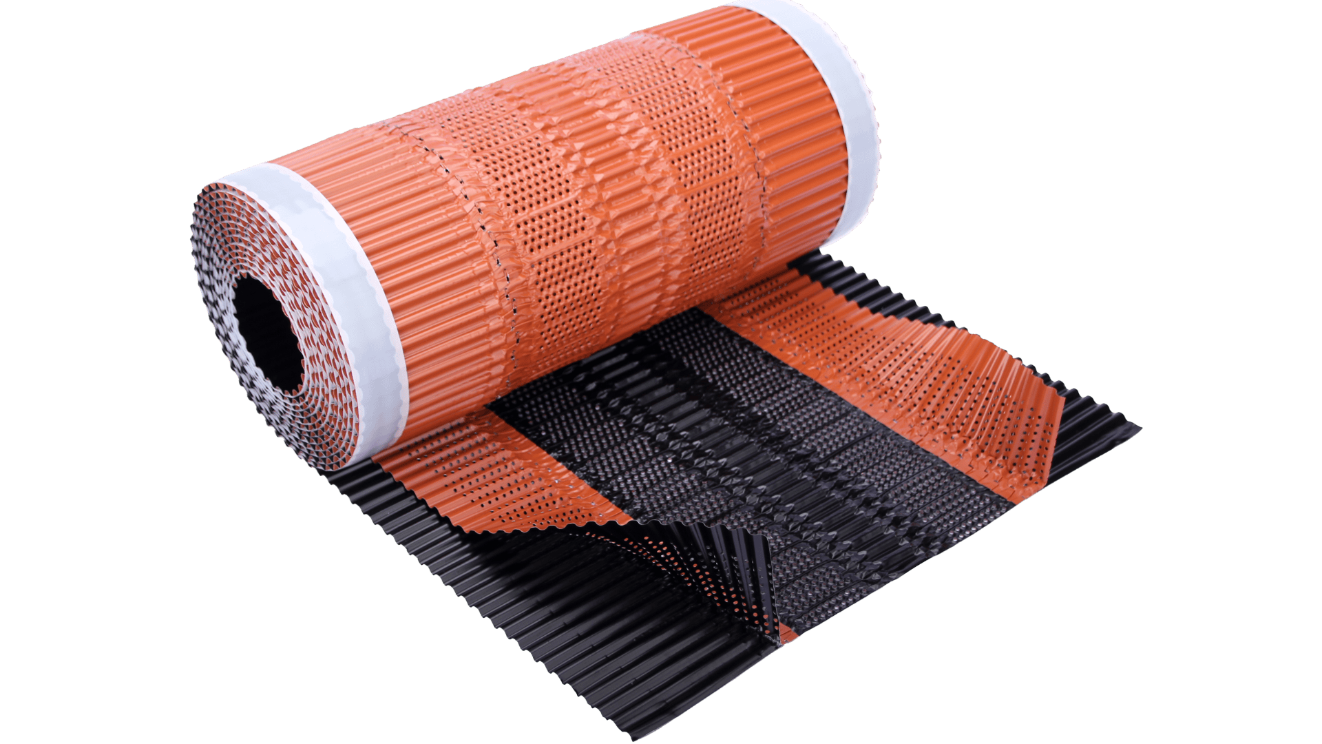 A roll of flexible, perforated roofing material in orange and black, partially unrolled on a flat surface, with a textured, ridged design and adhesive strips visible on the edges.