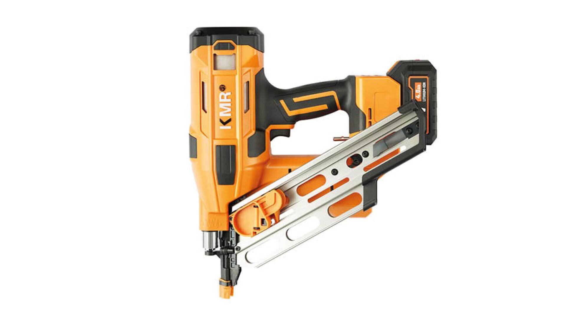 An orange and black cordless nail gun with the brand name KMR printed on the side, pictured on a white background.