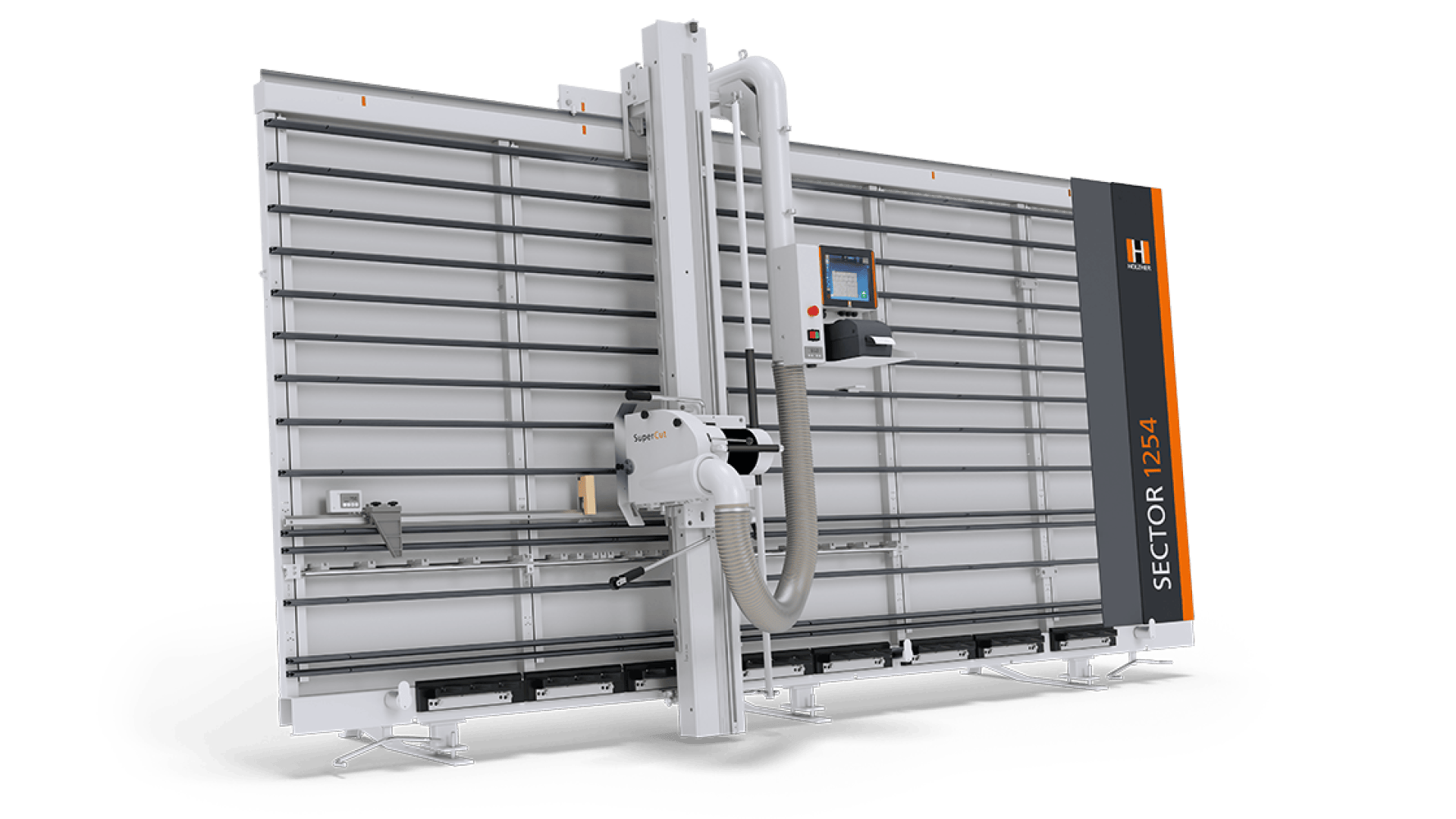 A large, vertical panel sawing machine with digital control screen and dust extraction hose with the designation "SECTOR 1254", designed for the precise cutting of panel material in woodworking or industrial applications.