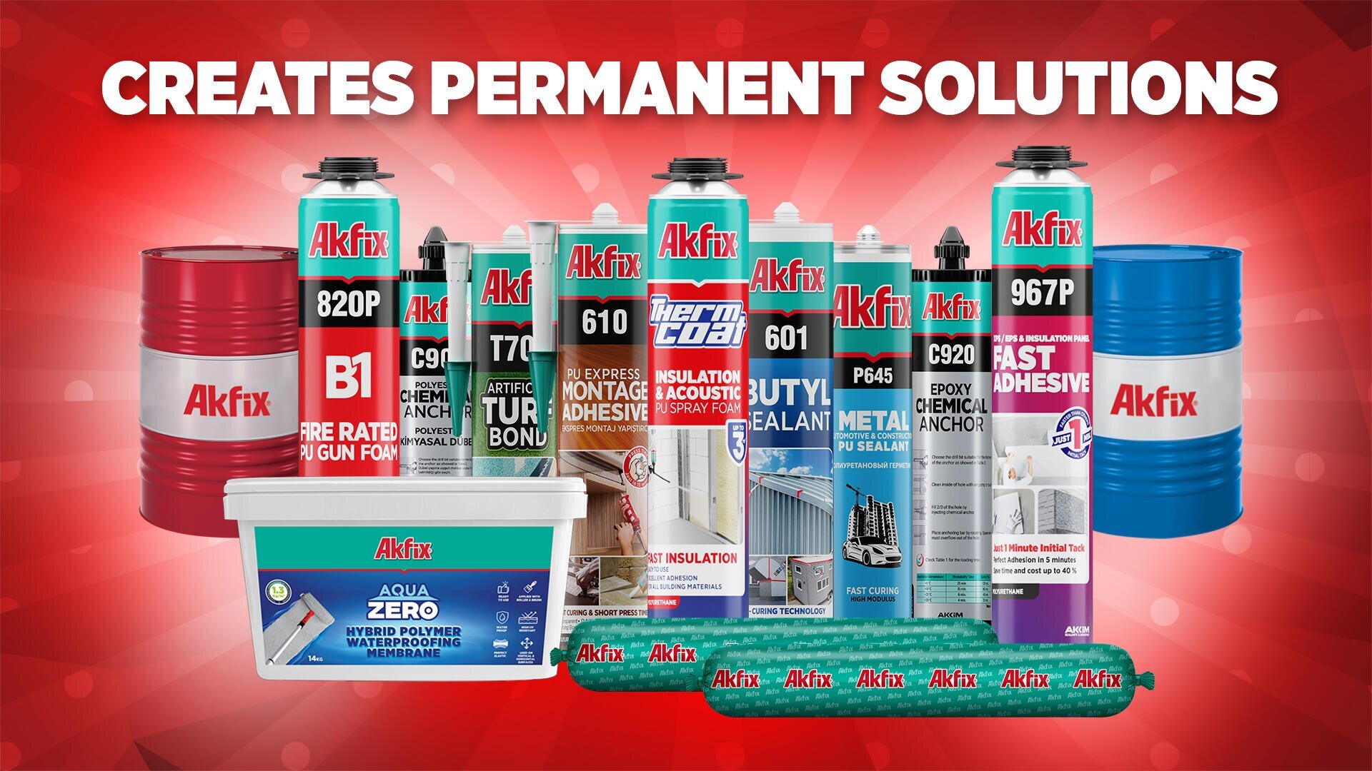 Verschiedene Akfix-Kleb- und Dichtstoffprodukte, darunter Tuben, Dosen, Würste und Fässer, werden auf rotem Hintergrund mit dem Text CREATES PERMANENT SOLUTIONS darüber dargestellt.
