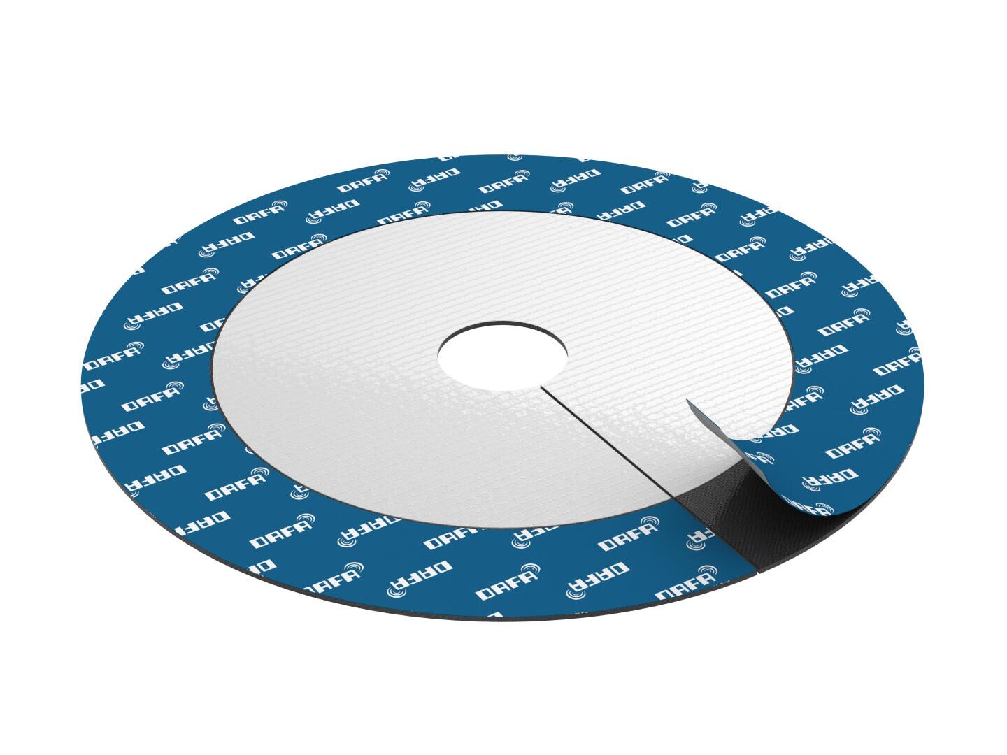 Eine Rolle Klebeband mit glänzender silberner Oberfläche und blauer Rückseite, auf der das weiße DAFA-Logo aufgedruckt ist, teilweise abgerollt, um die Klebeseite zu zeigen.