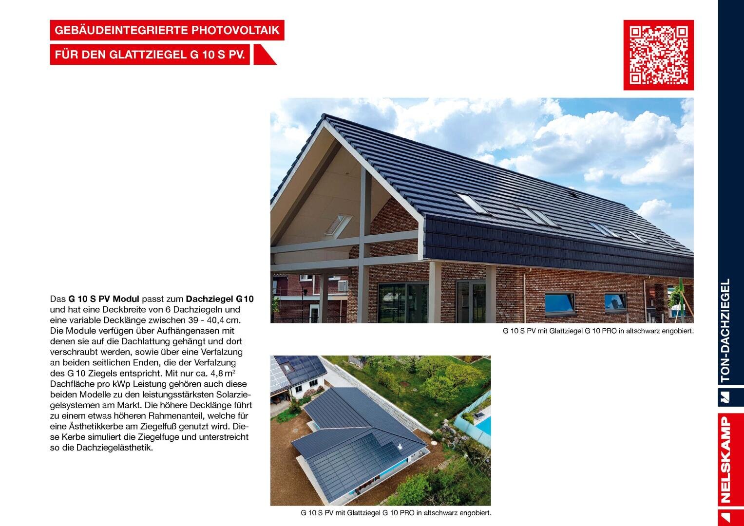 Ein modernes Ziegelhaus mit Schrägdach hat dunkle Solardachziegel. Eine Luftaufnahme unten zeigt die gesamte Dachfläche. Der deutsche Text und die Produktinformationen erscheinen auf der linken und rechten Seite des Bildes.