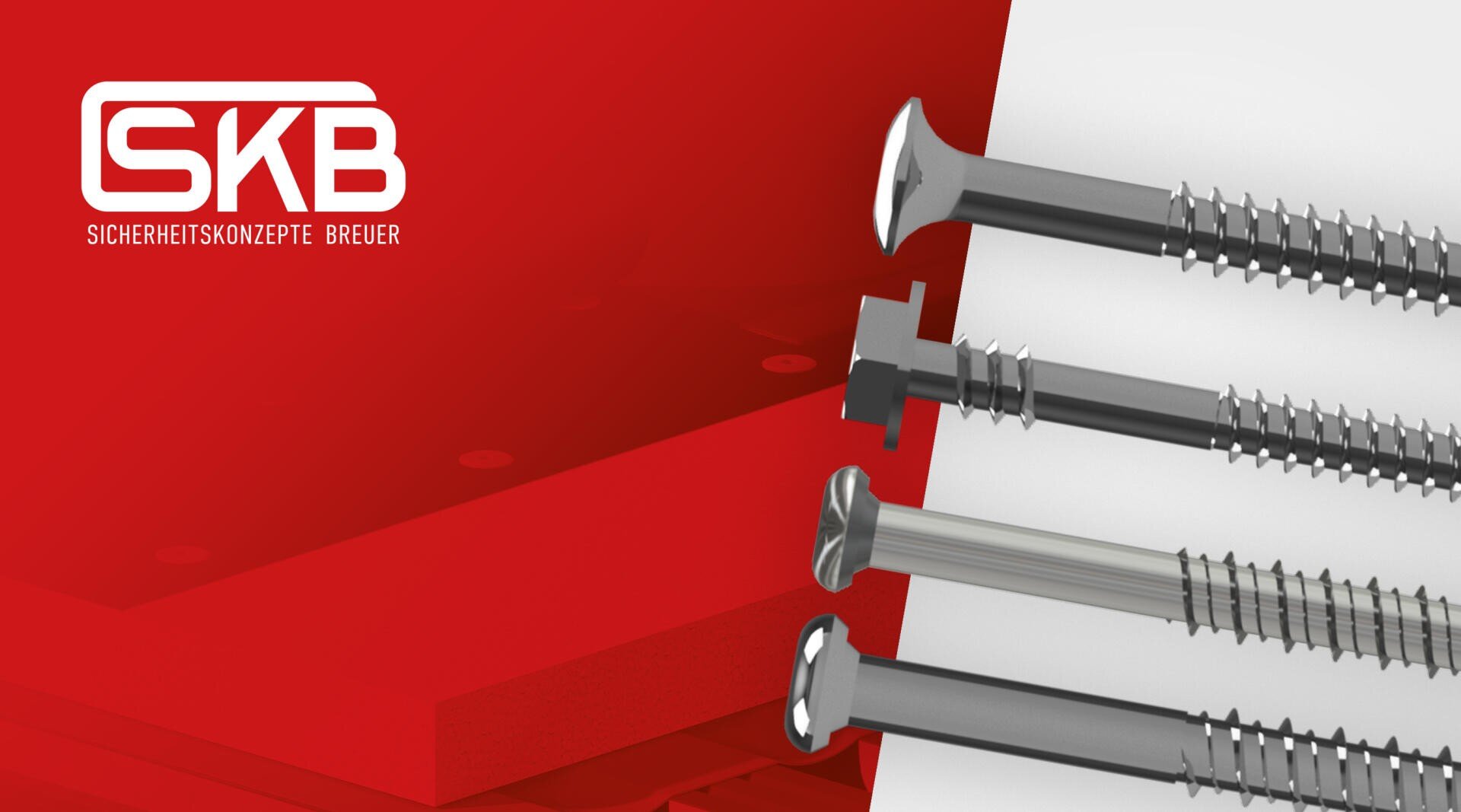 Vier Arten von Metallschrauben sind horizontal auf weißem und rotem Hintergrund mit dem SKB-Logo und dem Text Sicherheitskonzepte Breuer auf der linken Seite dargestellt.