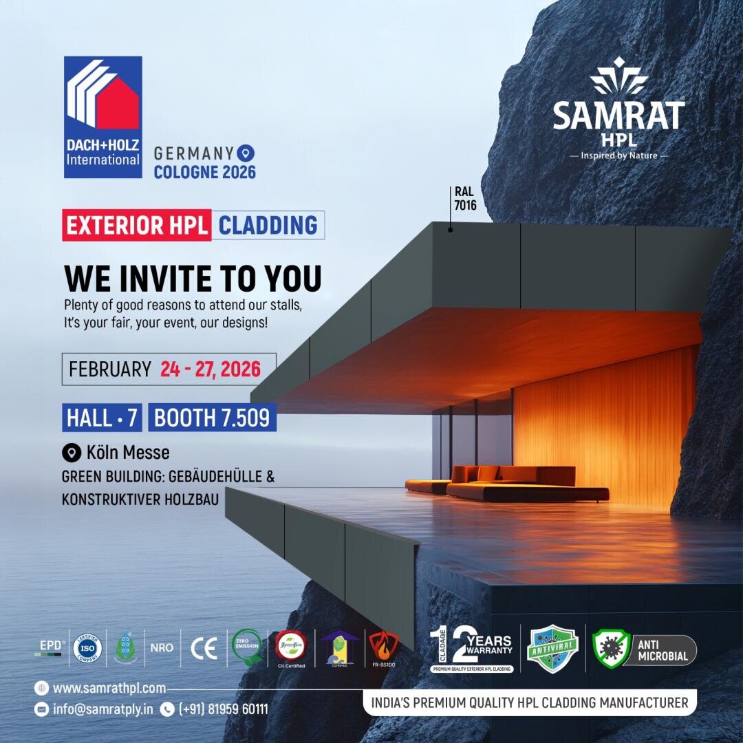 A modern building with large glass windows and HPL cladding extends over a rocky shoreline. Event details for DACH+HOLZ International 2026 in Cologne, Germany are shown, inviting visitors to Samrat HPL’s stall.