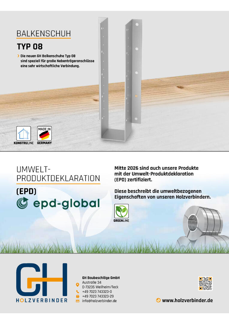 Advertisement with a joist hangers type 08, the global environmental certification EPD and a company logo of GH Holzverbinder. Contact details and the website are listed at the bottom.