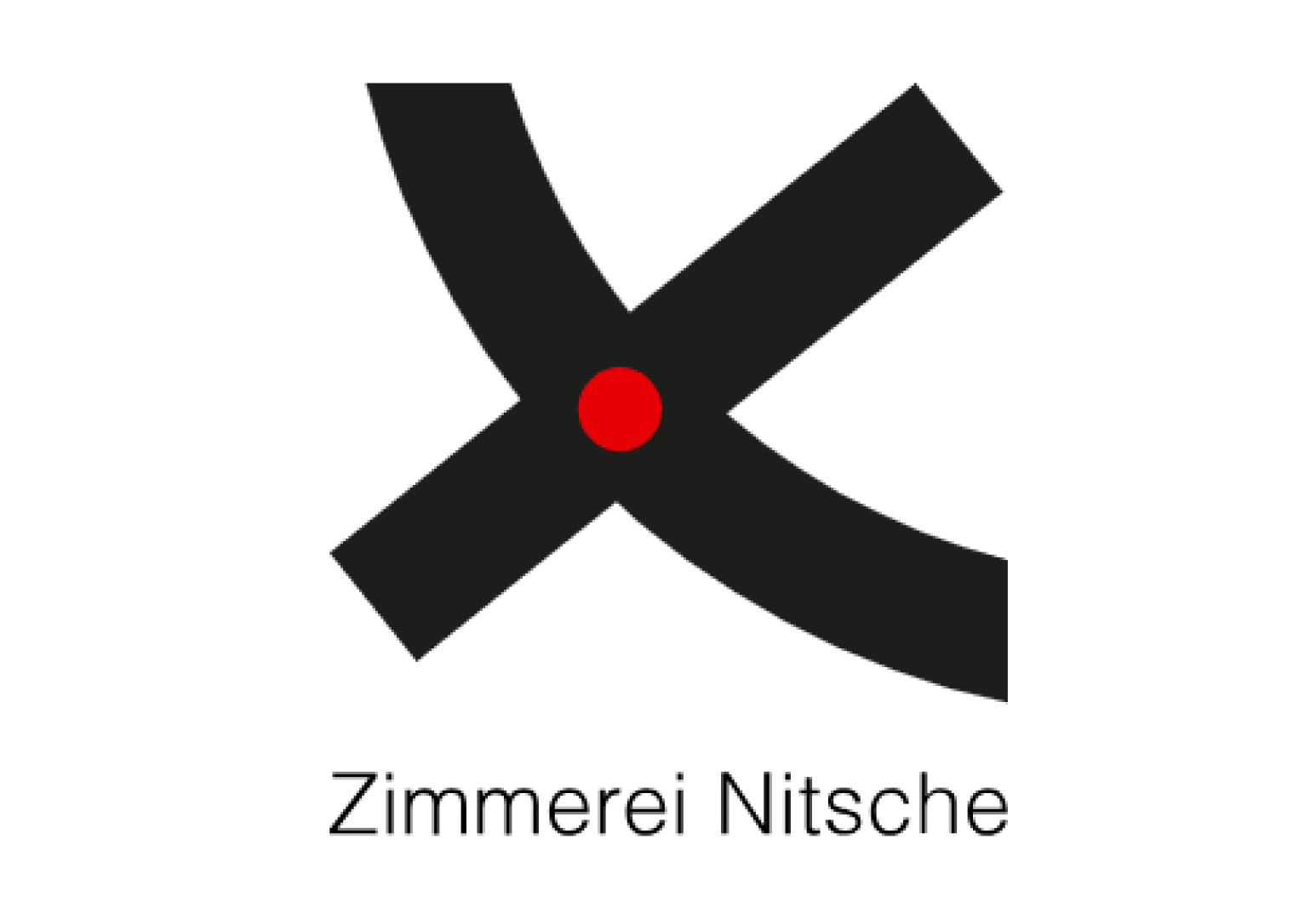 Ein fettes schwarzes X mit einem kleinen roten Kreis in der Mitte. Unter dem Symbol steht der Text "Zimmerei Nitsche".