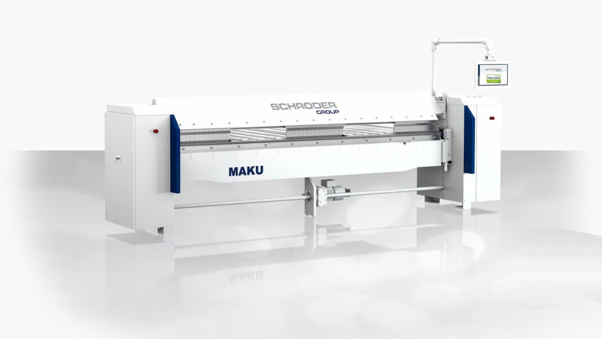 A large industrial machine labeled SCHRÖDER GROUP and MAKU with a horizontal metal surface, control buttons, and a digital display screen mounted on the top right. The machine is white with blue accents.