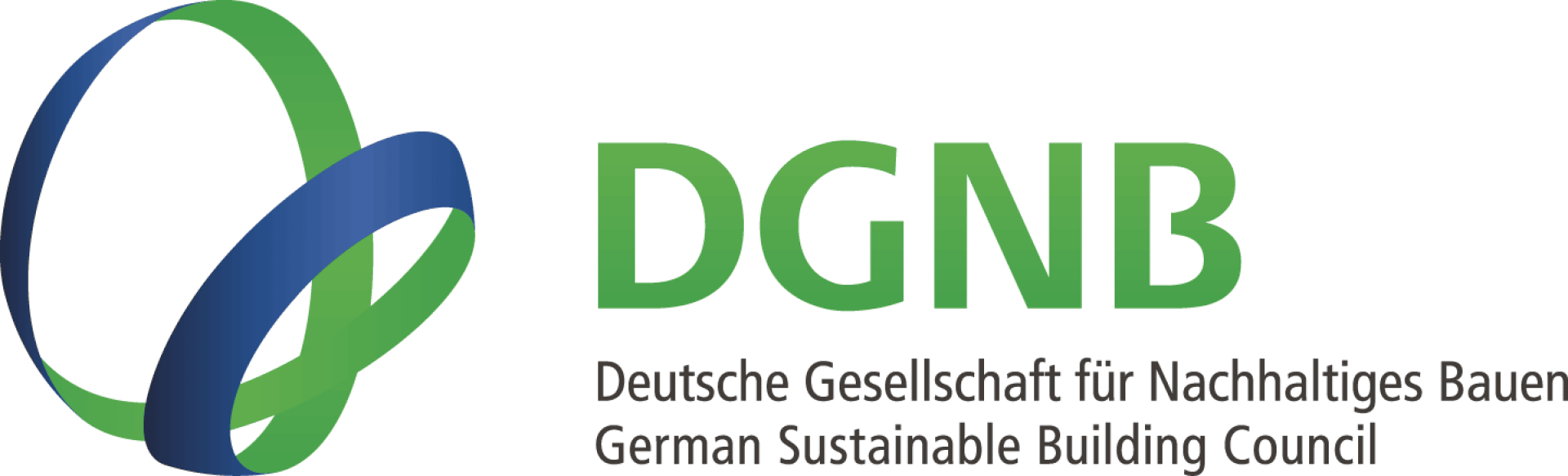 Logo der DGNB (Deutsche Gesellschaft für Nachhaltiges Bauen) mit ineinandergreifenden grünen und blauen Bändern auf der linken Seite und dem Text DGNB und Deutsche Gesellschaft für Nachhaltiges Bauen / German Sustainable Building Council auf der rechten Seite.