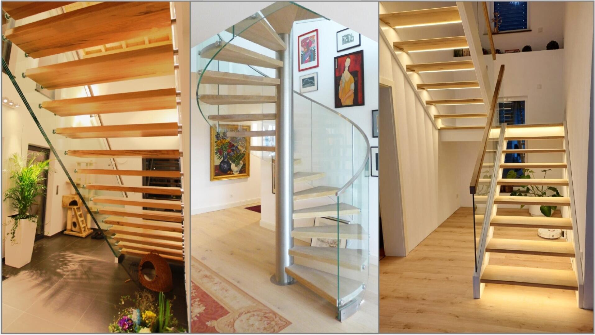 Eine Collage aus drei modernen Innentreppen: eine mit Holzstufen und Glasgeländer, eine Wendeltreppe mit Glas und Metall und eine Treppe mit Holzstufen und eingebauter Stufenbeleuchtung.