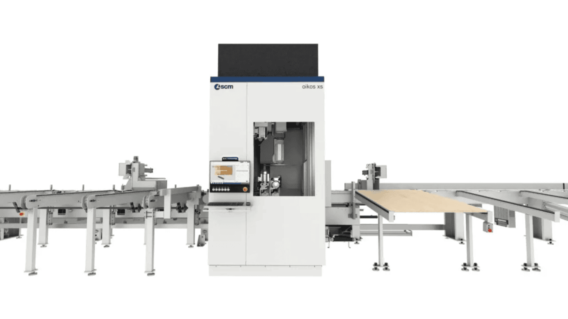 A large industrial CNC woodworking machine with a digital control panel, automated arms, and conveyor belts for processing wood panels, set against a white background.