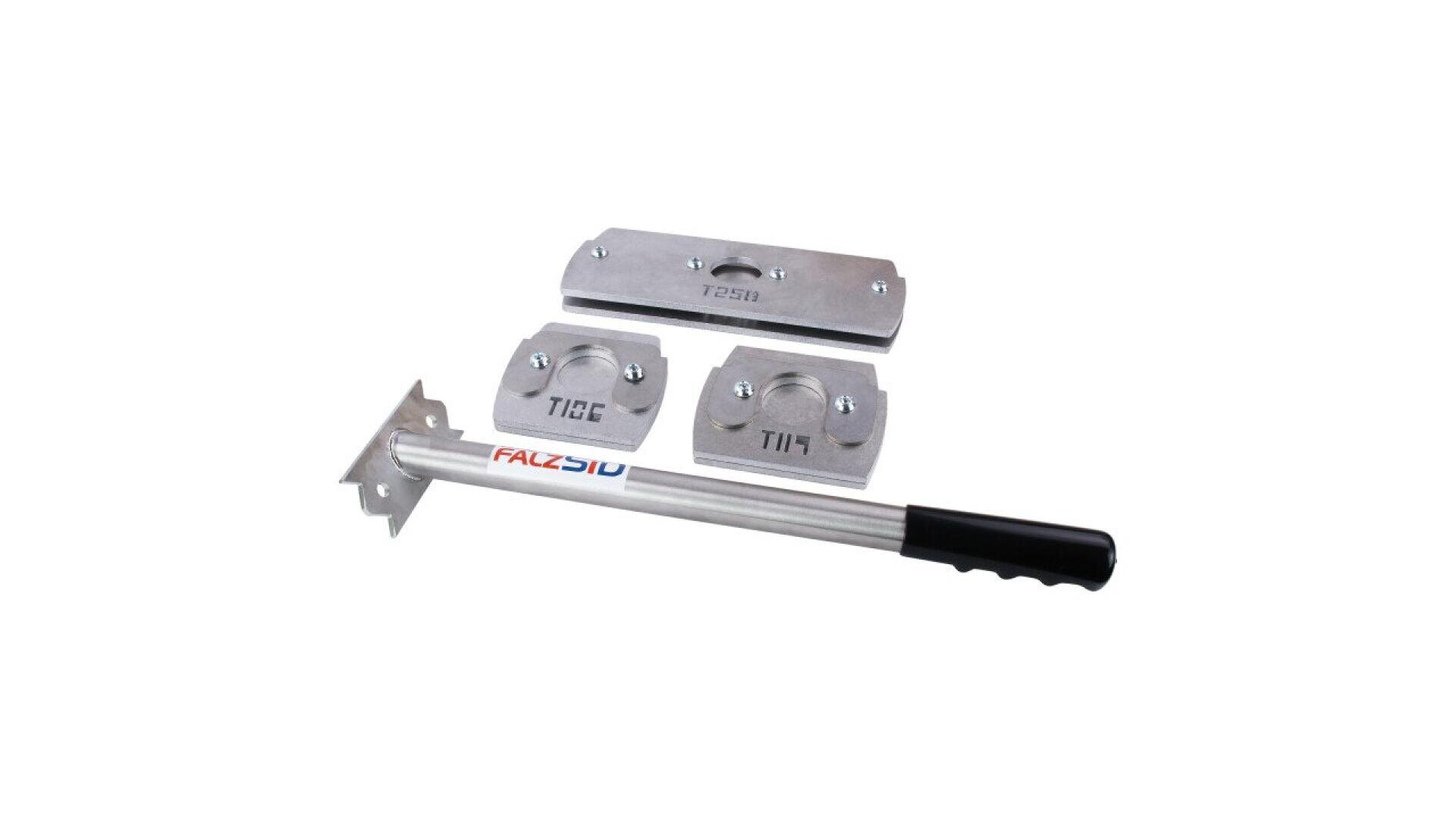 A metal tool with a long handle and black grip, shown alongside two rectangular metal plates with engraved numbers and circular indents, all placed on a white background.
