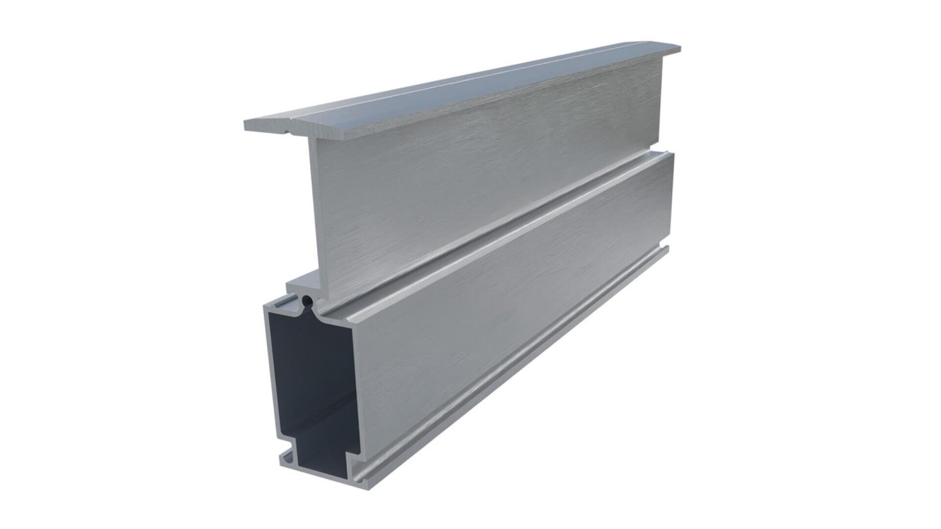 Eine 3D-Darstellung eines silbernen Aluminium-Strangpressprofils mit flacher Oberseite und gekerbten Seiten, das häufig im Bauwesen oder bei Einrahmungsanwendungen verwendet wird, dargestellt auf weißem Hintergrund.