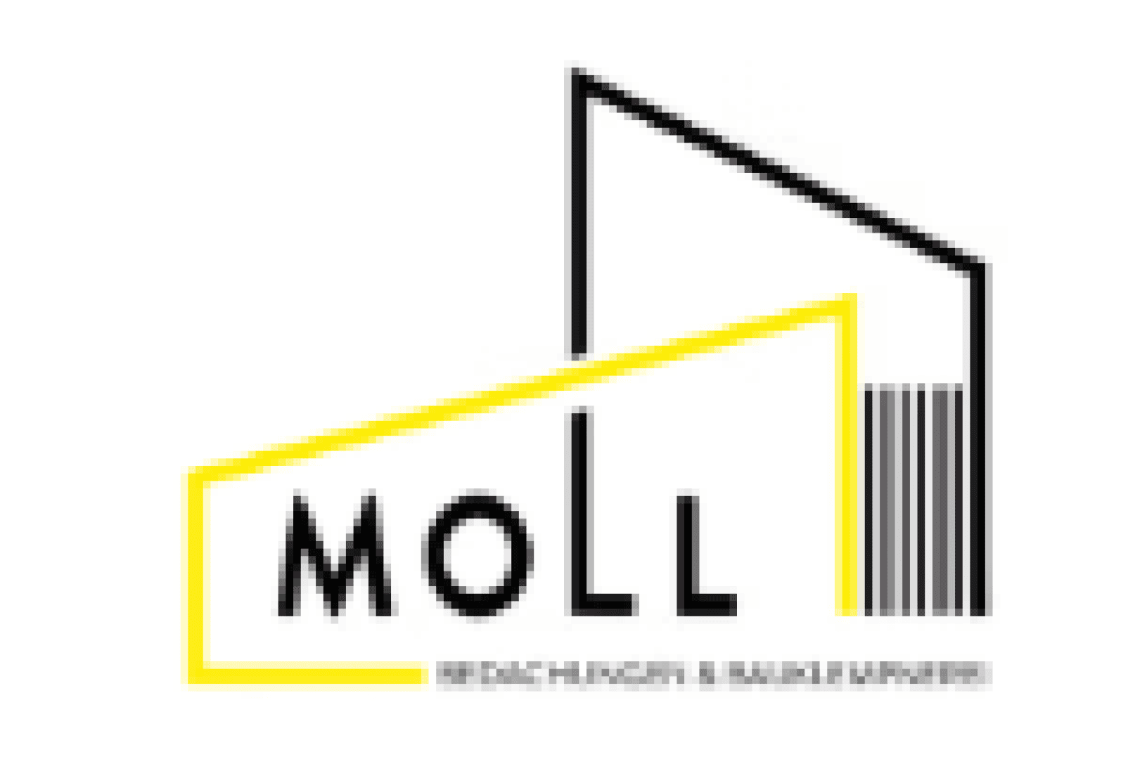 Logo mit dem Wort MOLL in schwarzen Buchstaben, umrahmt von einer gelben schrägen Linie und einer schwarzen geometrischen Kontur, die an ein Dach erinnert. Darunter steht in kleinerer Schrift "Bedachungen & Bauklempnerei".