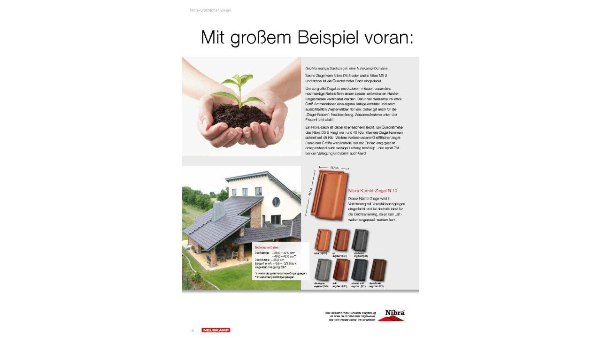 A pair of hands holds a small plant above text in German. Below, there’s a modern house with solar panels on the roof, and several roof tile samples are displayed with descriptions.