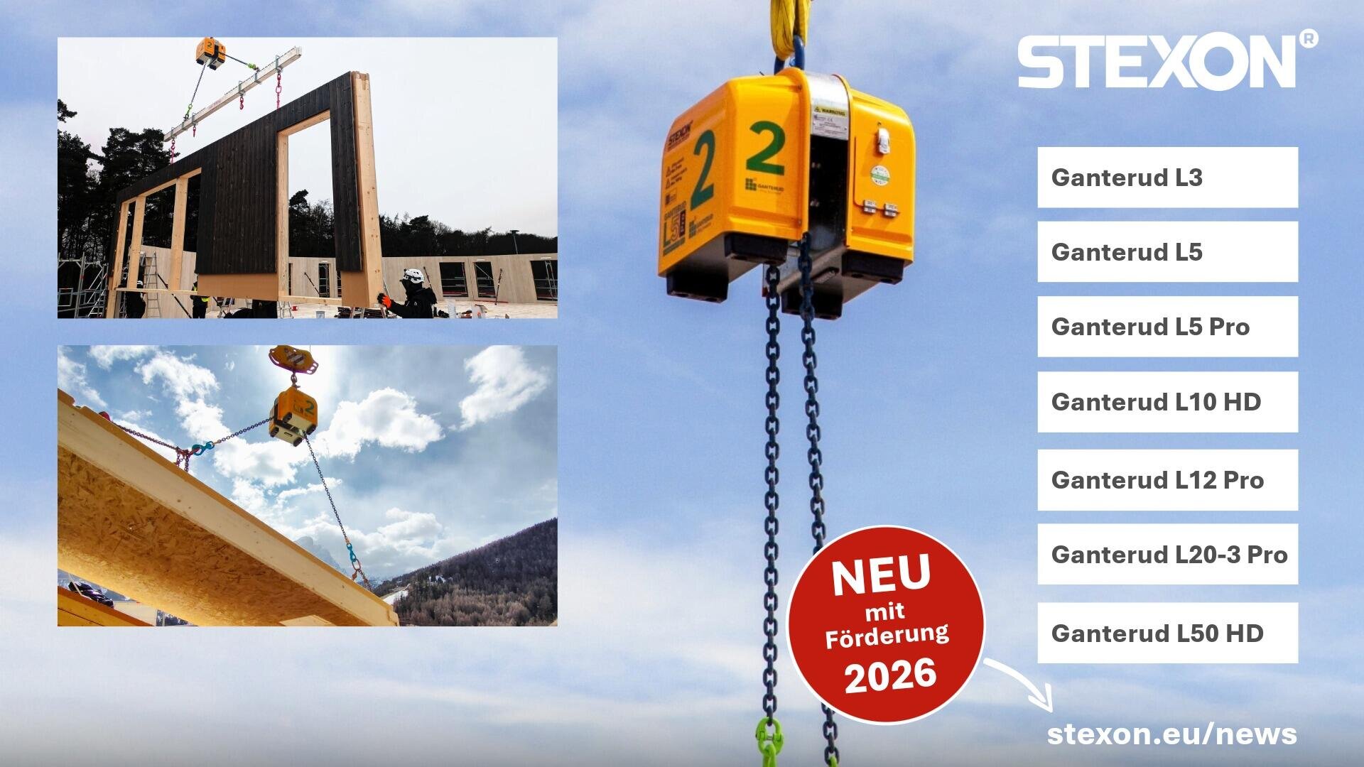 Zwei Fotos zeigen eine gelbe Hebevorrichtung, die Baumaterialien auf einer Baustelle anhebt. Das gleiche Gerät hängt in der Mitte an einer Kette. Auf der rechten Seite sind Produktnamen und eine Website aufgeführt, wobei NEU mit Förderung 2026 in einem roten Kreis steht.