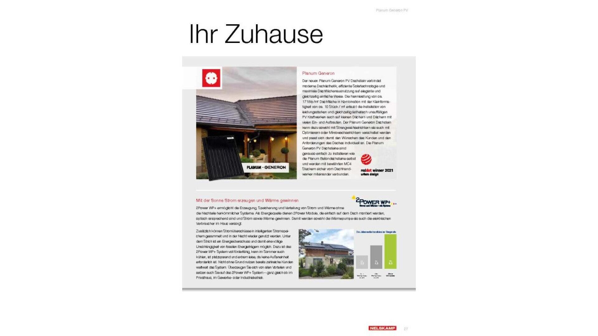A brochure page titled Ihr Zuhause features a house exterior photo, German text about home insurance, a Red Dot Design Award logo, and a bar graph comparing energy usage.